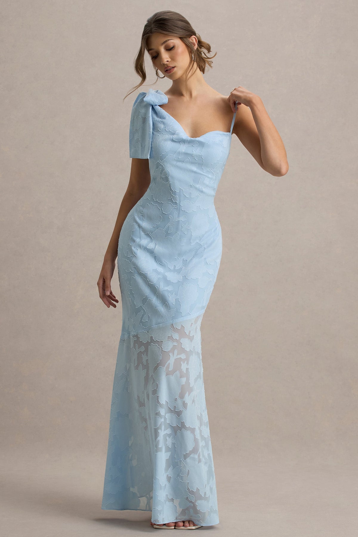 Chyna | Light Blue Cowl-Neck Maxi Dress With Bow Strap