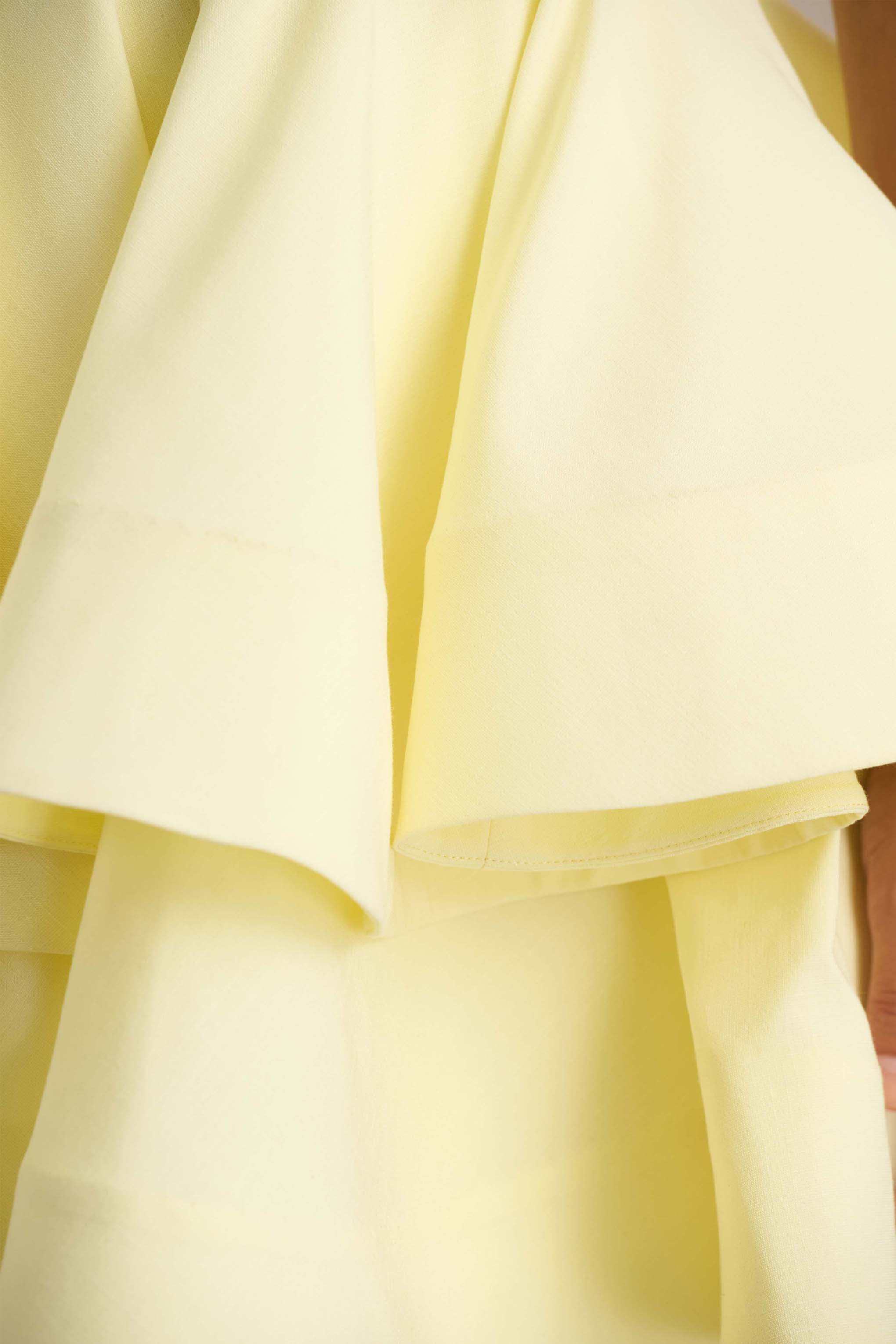 Flavia | Lemon Linen Plunge-Neck Ruffled Skater Micro-Mini Dress