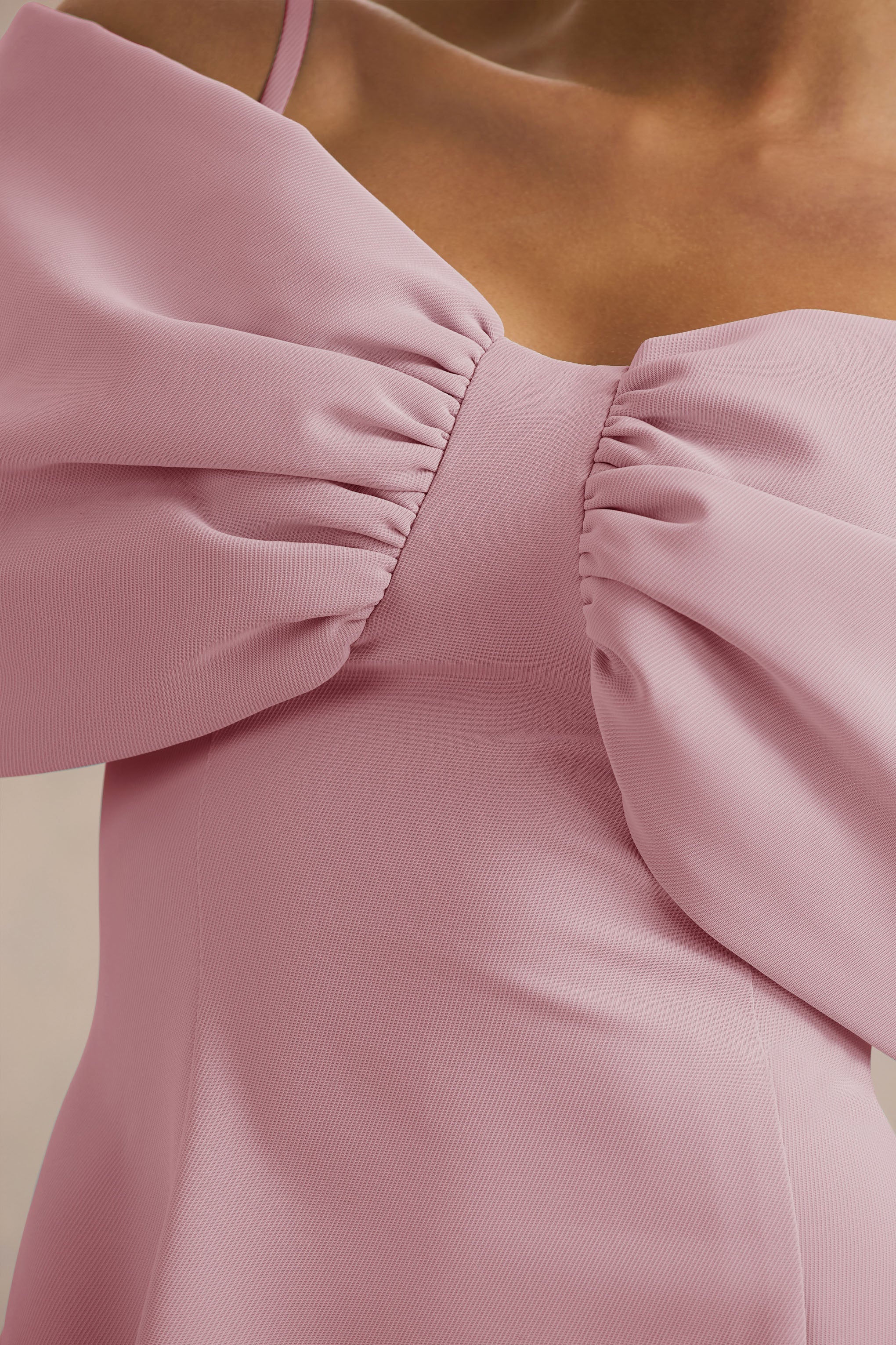 Faria | Blush Pink Short-Sleeve Bardot Mini Dress With Bow Detail