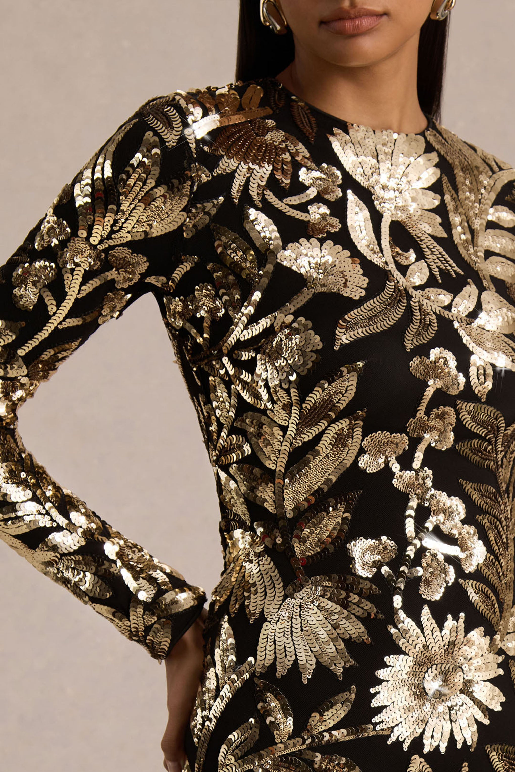 Lara | Black Velvet And Gold Embellished Sequin High-Neck Mini Dress With Feather Trim