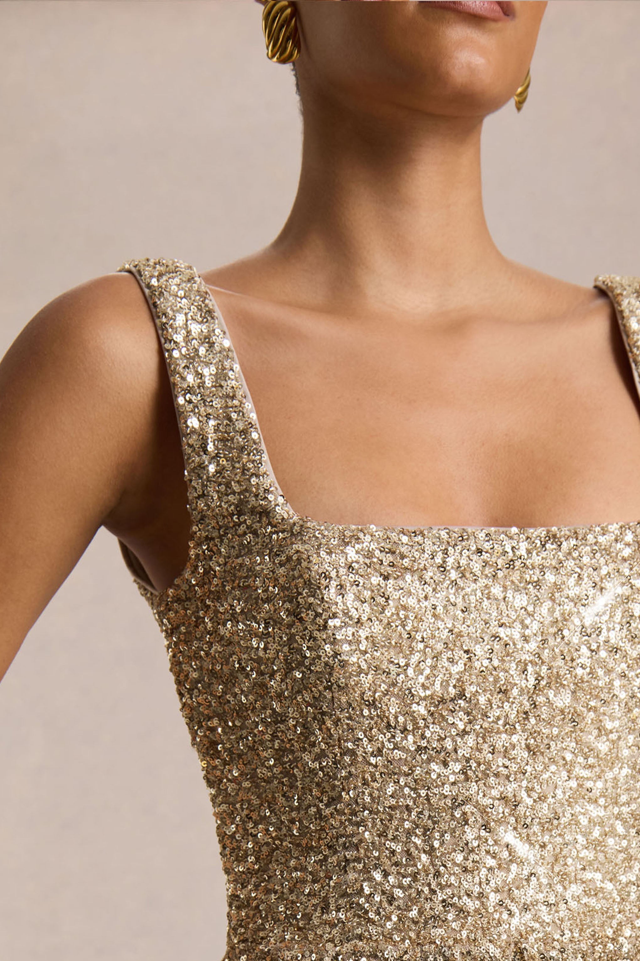 Lima | Champagne Sequin Square-Neck A-Line Midi Dress