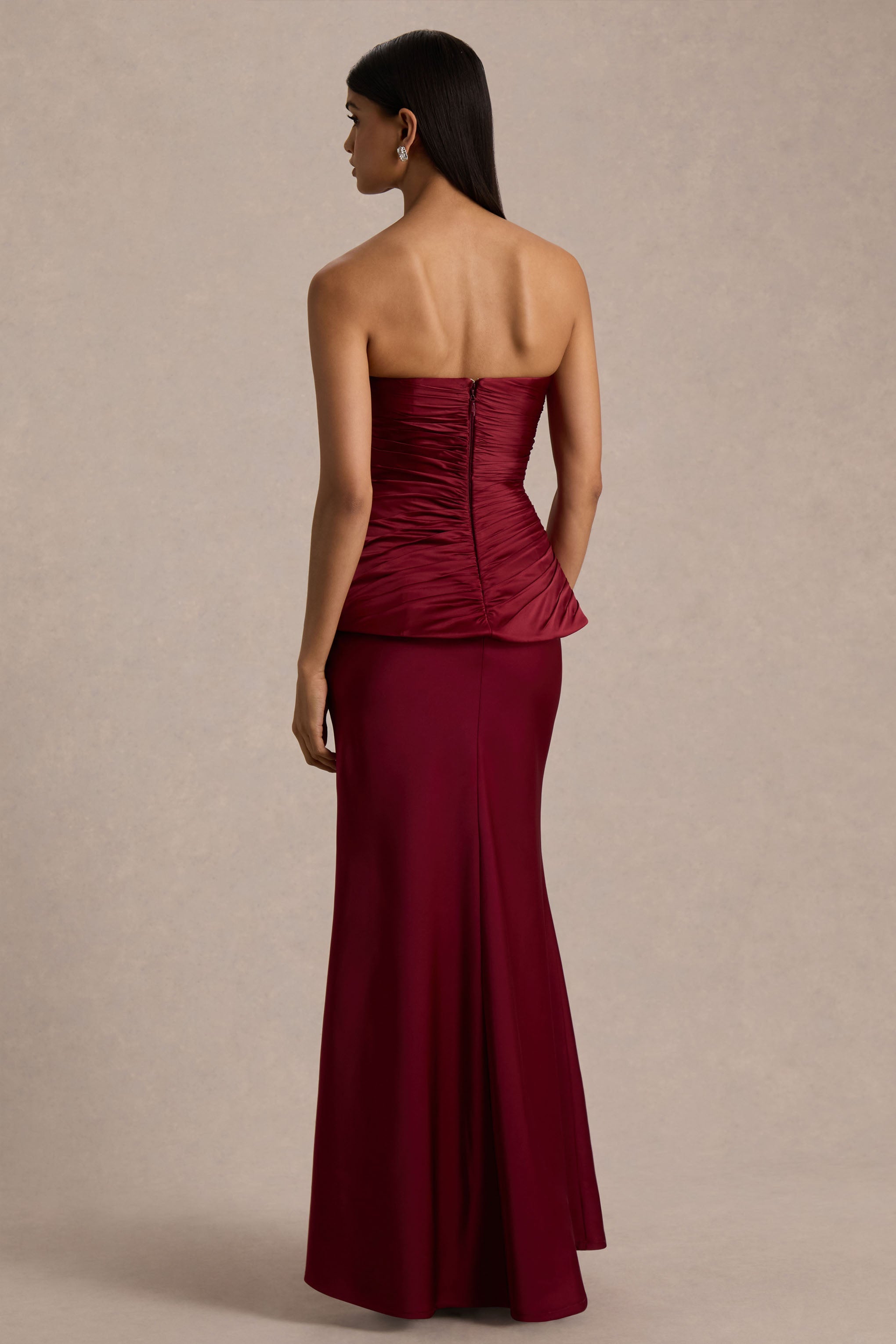 Milia | Burgundy Satin Hand-Embellished Strapless Corset Maxi Dress