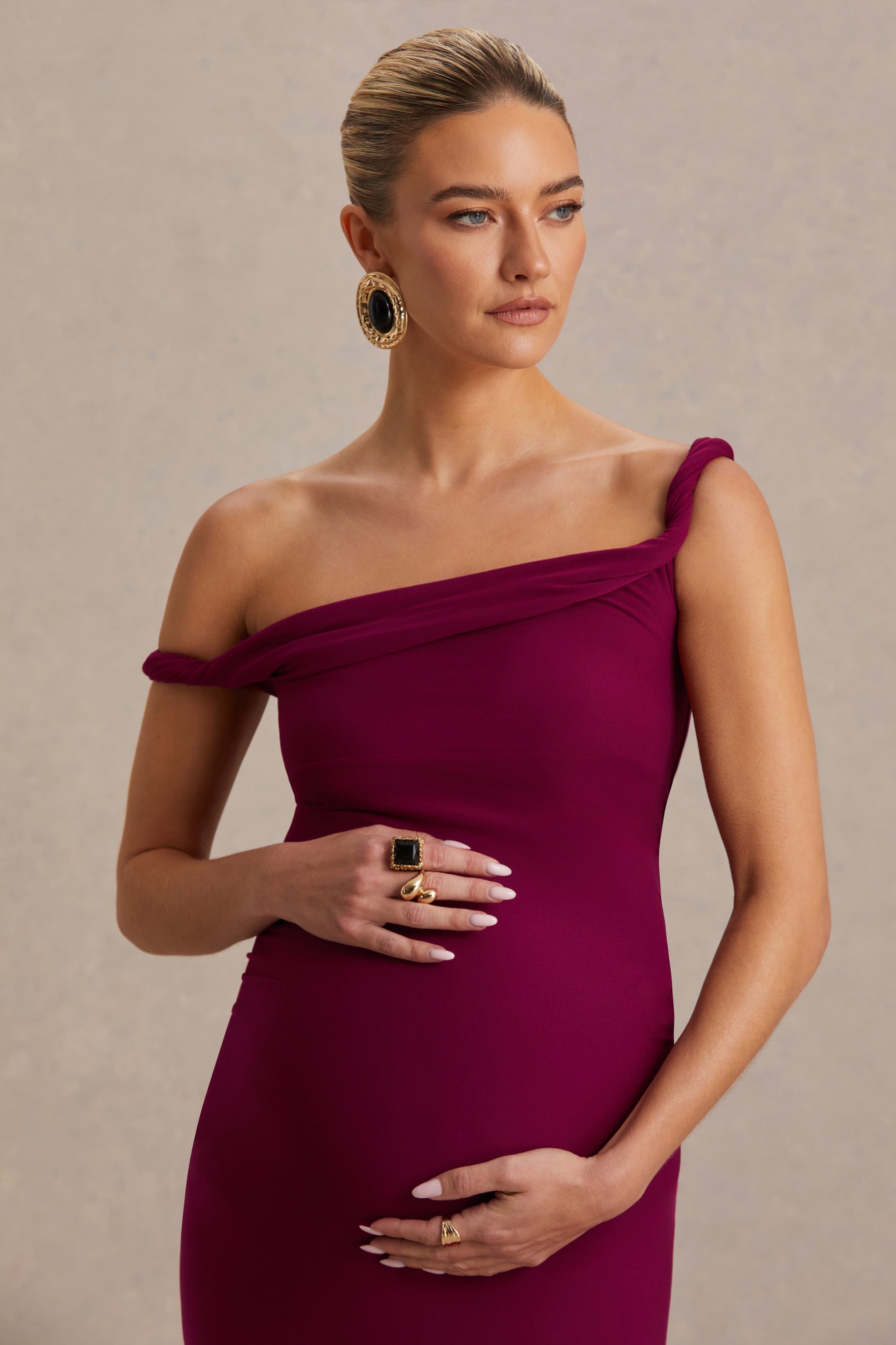 Salome | Burgundy Twisted Asymmetric Maternity Midi Dress