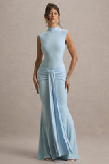 Graziana | Powder Blue High-Neck Gathered Draped Maxi Dress
