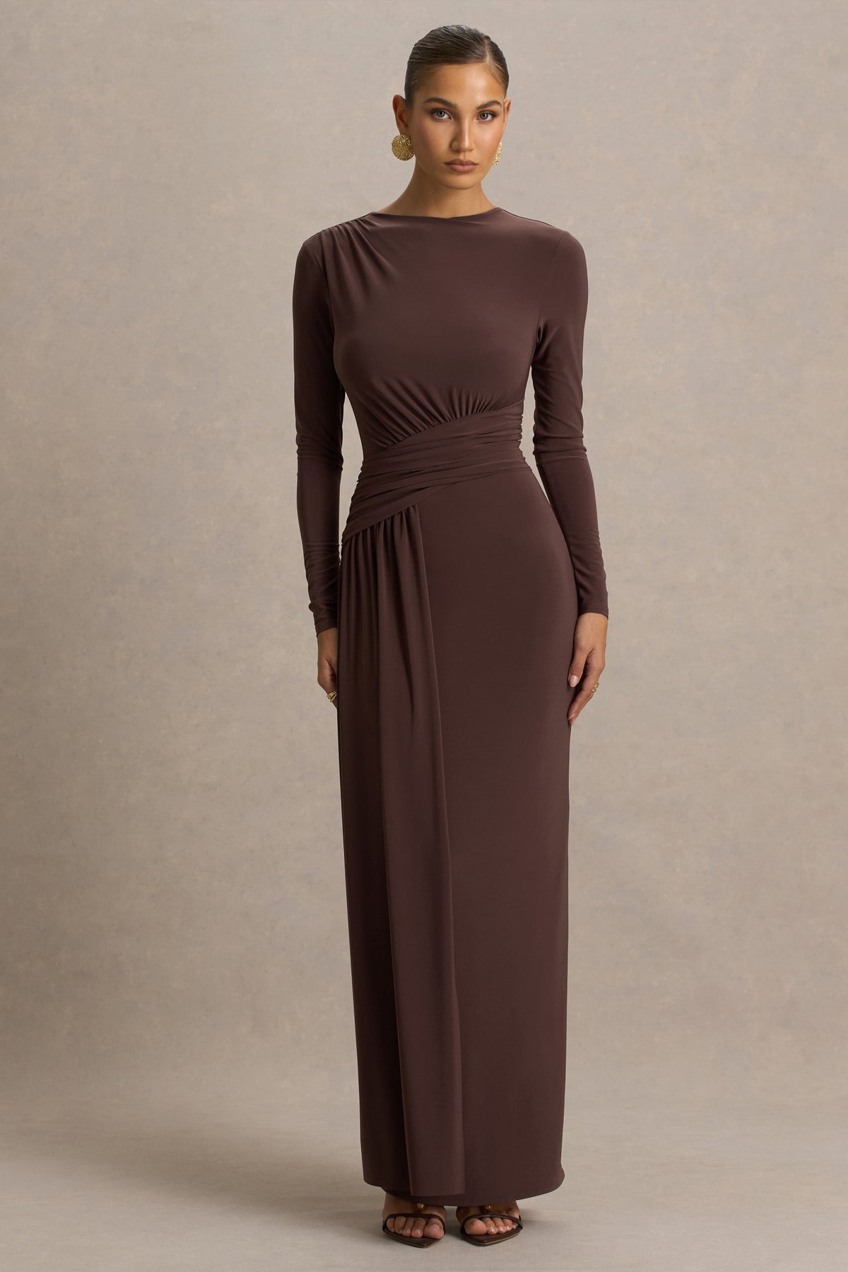 Virelle | Brown Boat-Neck Maxi Dress With Wrap Detail And Sash