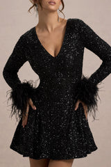 Lopez | Black Sequin Plunge-Neck Feather Trim Mini Dress