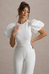 Dillon | White Puff-Sleeve Straight-Leg Jumpsuit