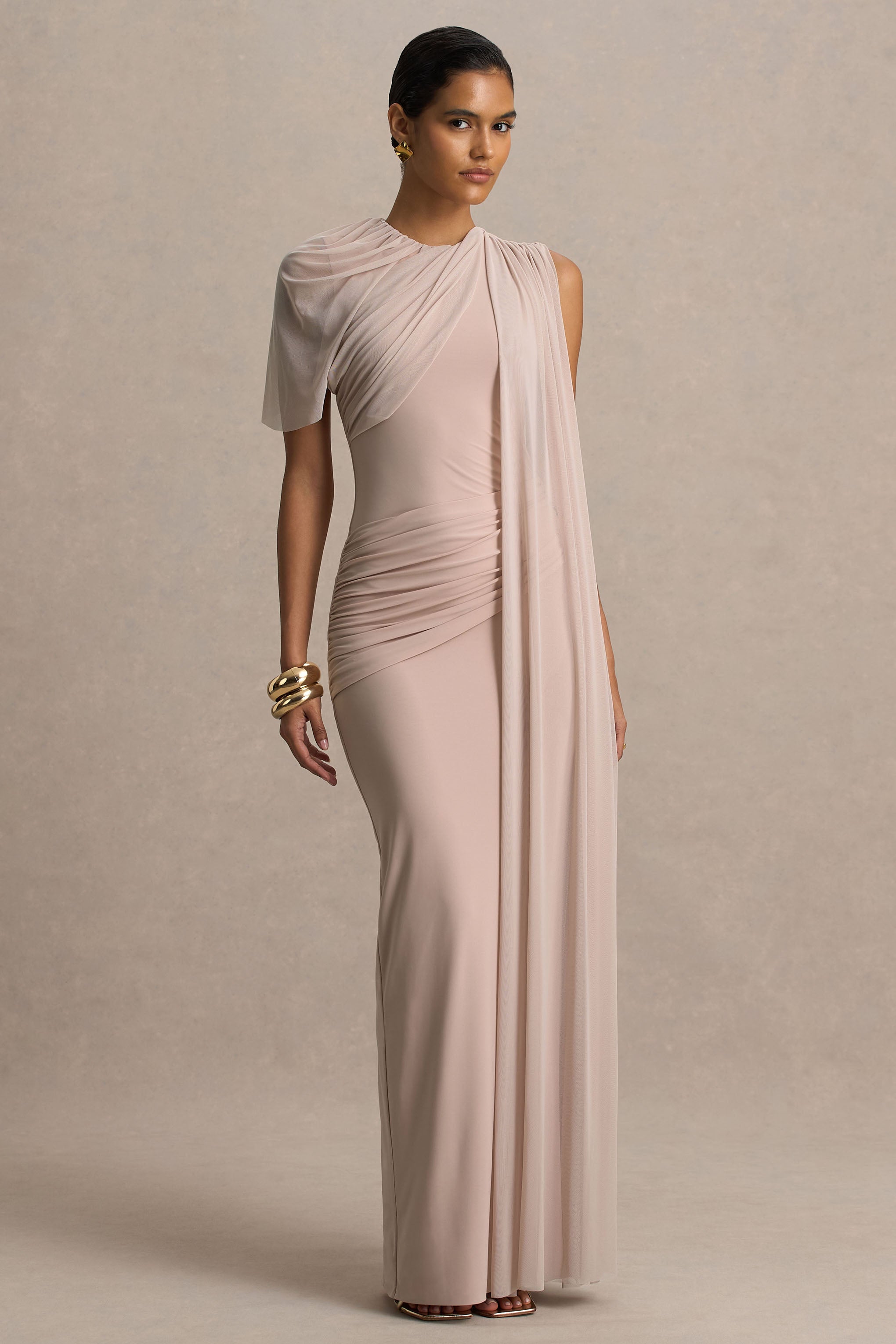 Brenda | Champagne Crew-Neck Maxi Dress With Mesh Cape And Sash