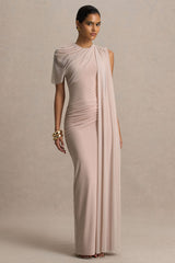 Brenda | Champagne Crew-Neck Maxi Dress With Mesh Cape And Sash