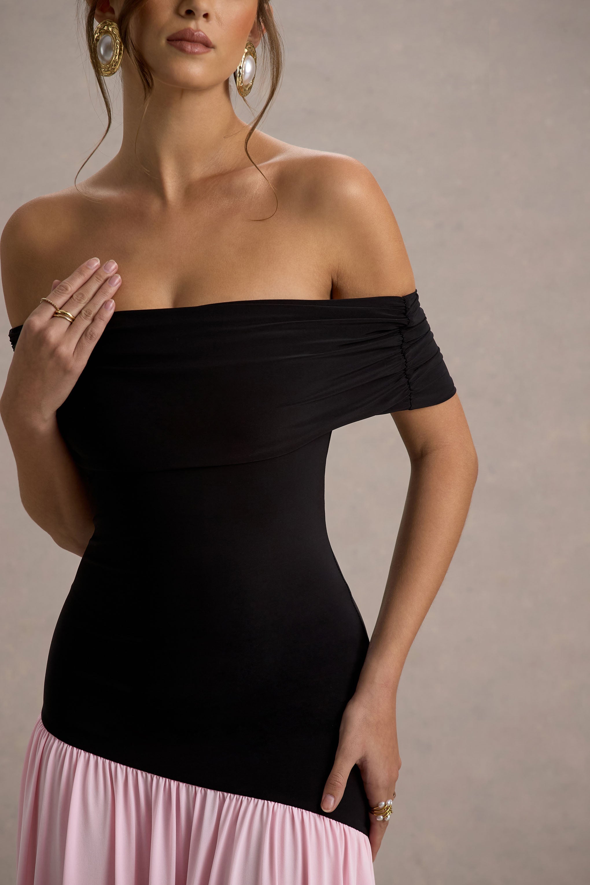 Venezia | Black & Pink Bardot Maxi Dress With Drop-Waist