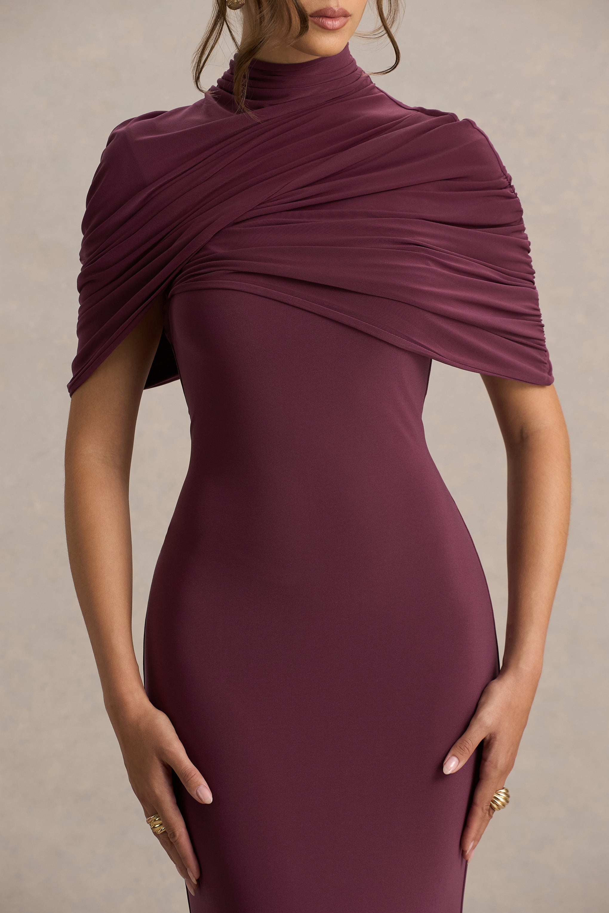 Cleora | Burgundy Twist Cape Maxi Dress