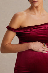 Tallulah | Burgundy Velvet Asymmetric-Neck Maternity Maxi Dress With Twist-Sleeve