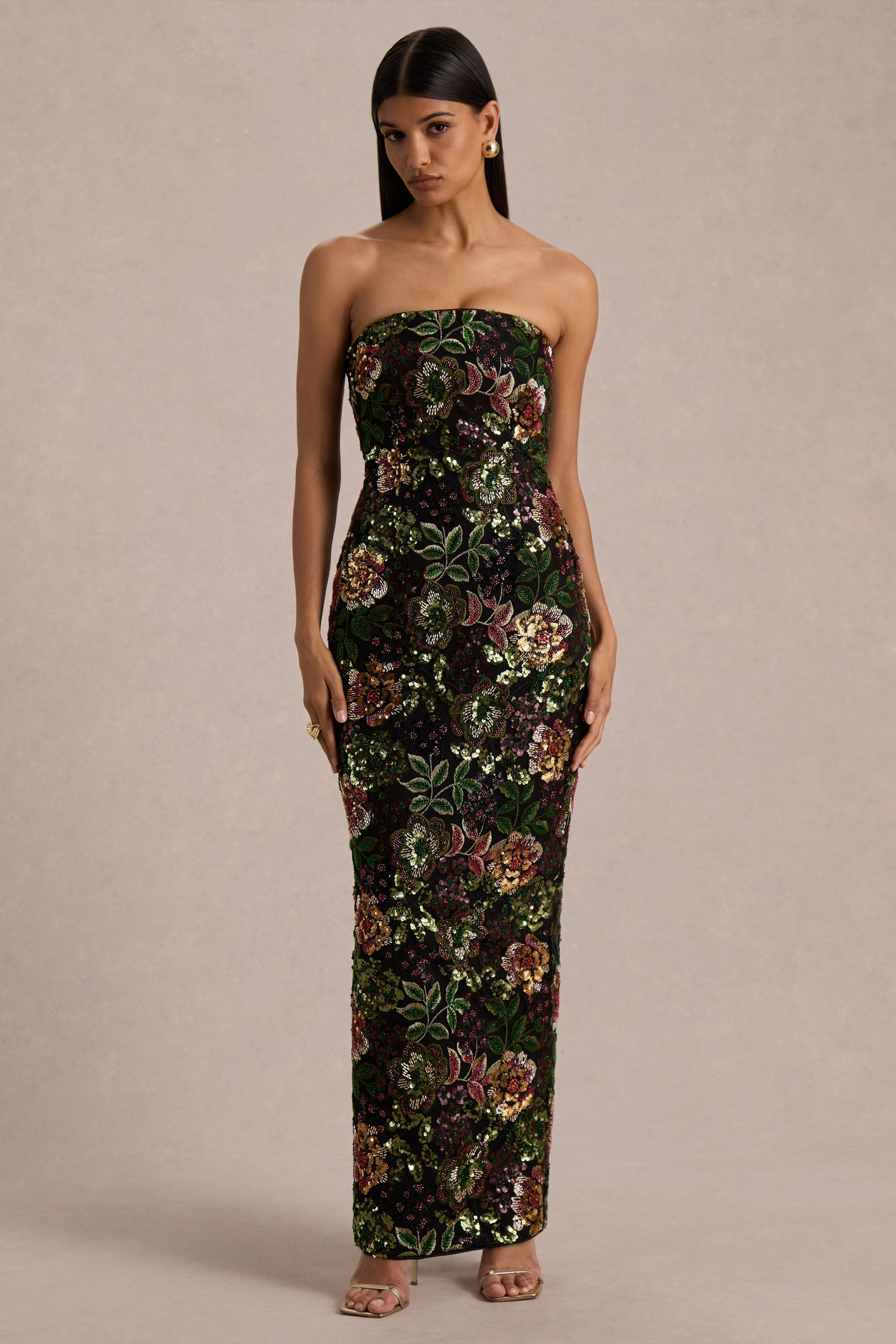 Cora | Winter Floral Embellished Mesh Bandeau Maxi Dress With Scarf