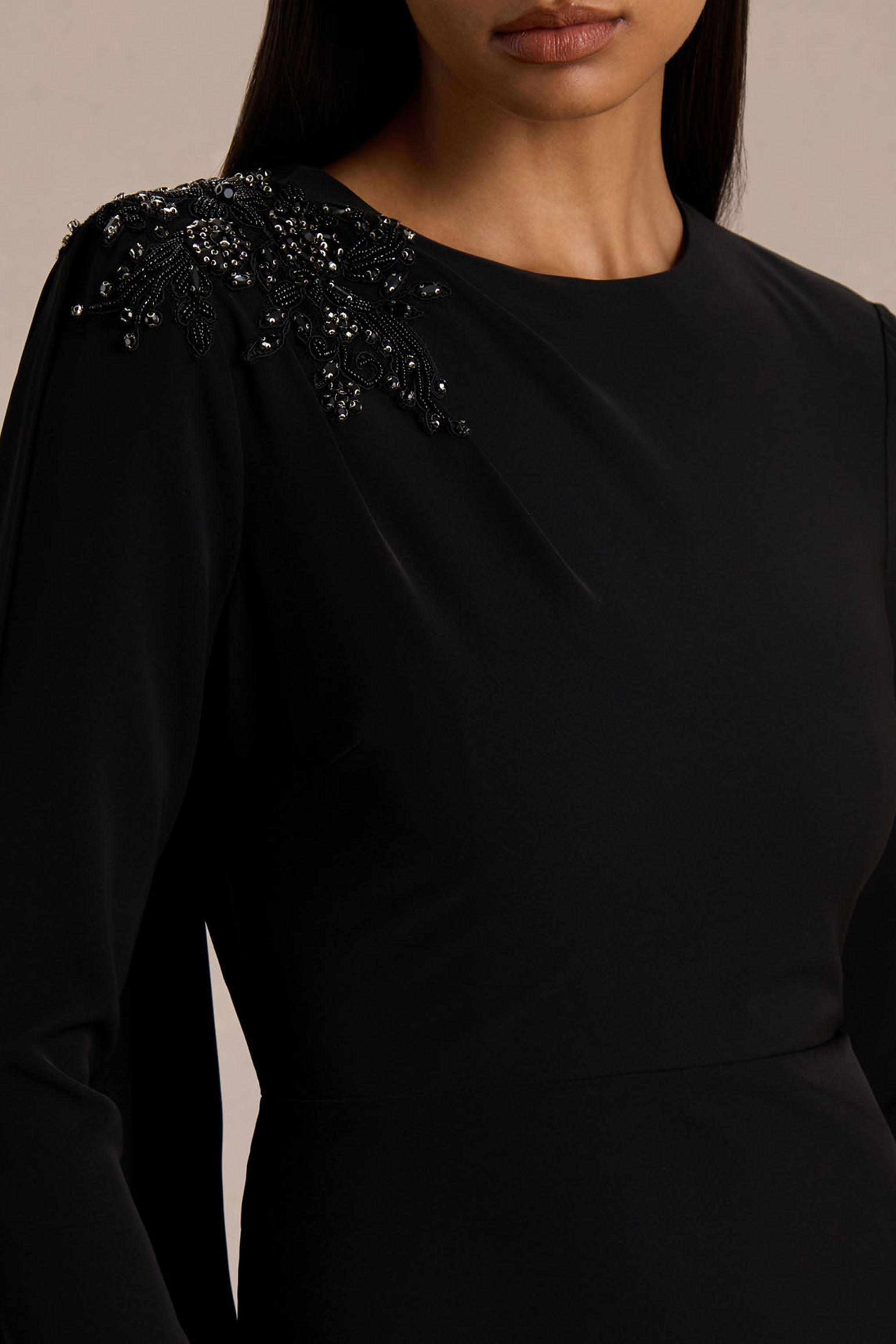 Reese | Black High-Neck Maxi Dress With Embellished Detail and Sash