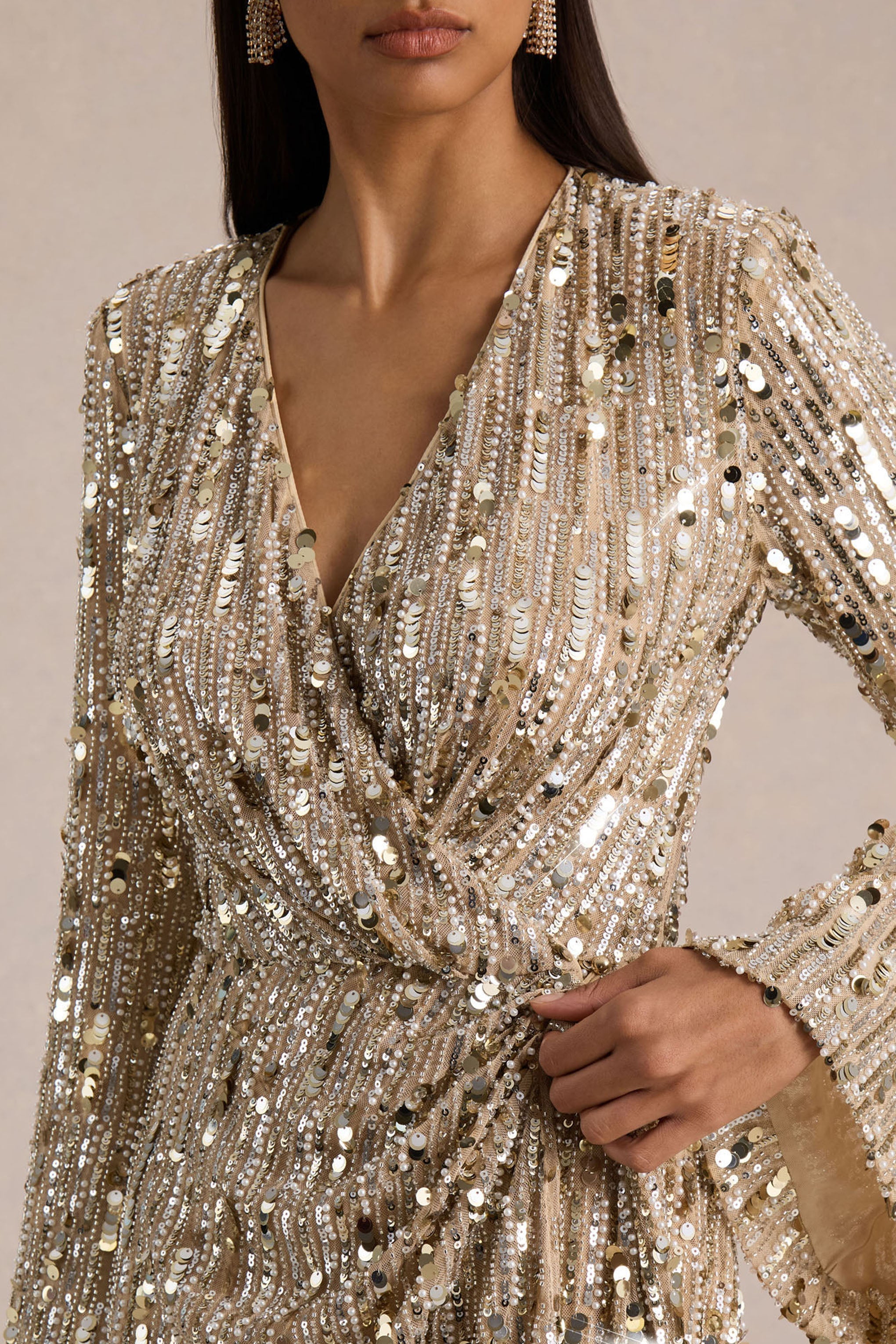Carmina | Gold Sequin Plunge-Neck Wrap Mini Dress With Sash Detail