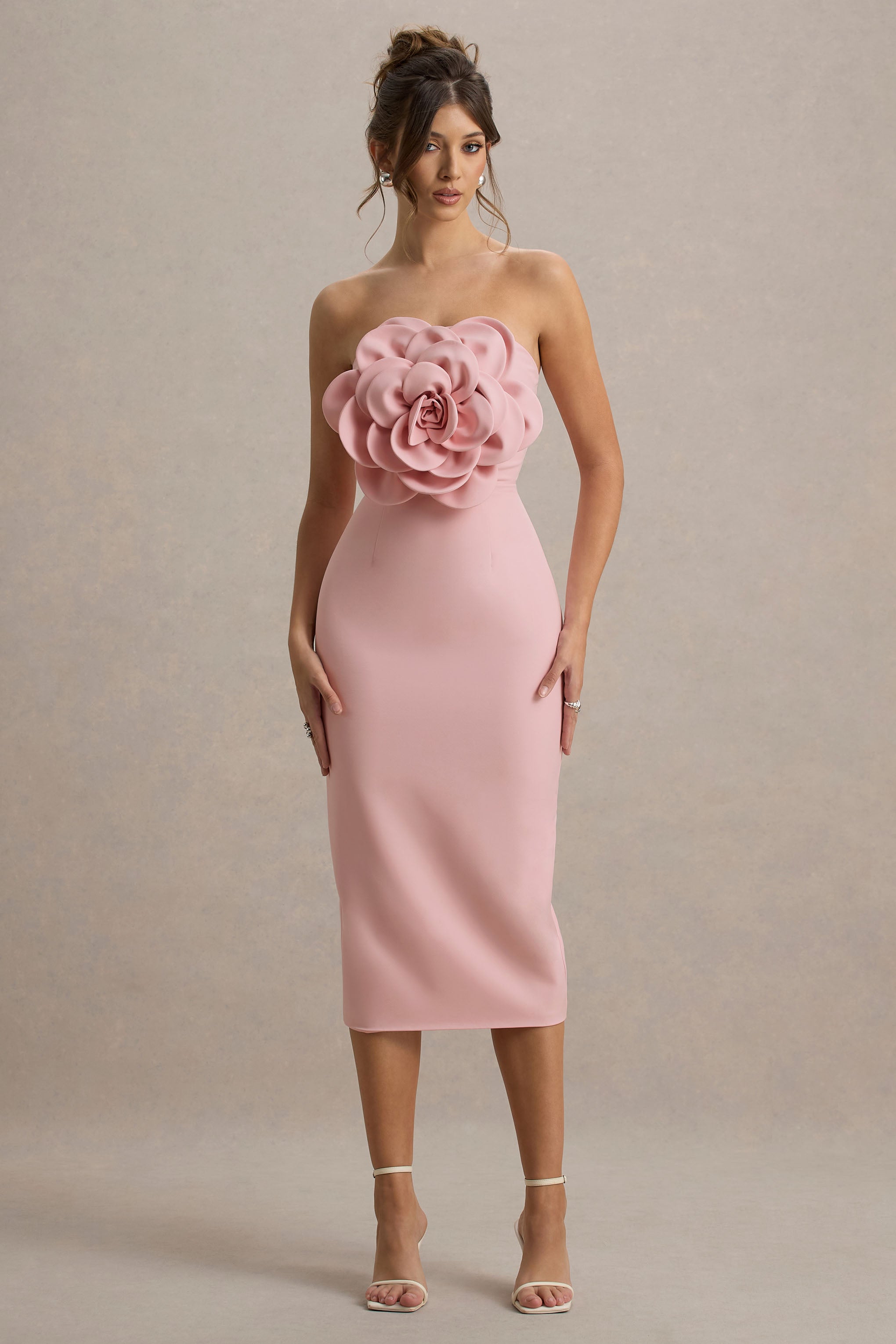 Phina | Pale Pink Bodycon Midi Dress With Large Floral Corsages