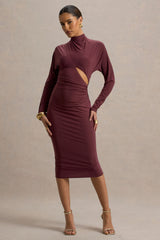Pandora | Burgundy Long-Sleeve Midi Dress With Cut-Out