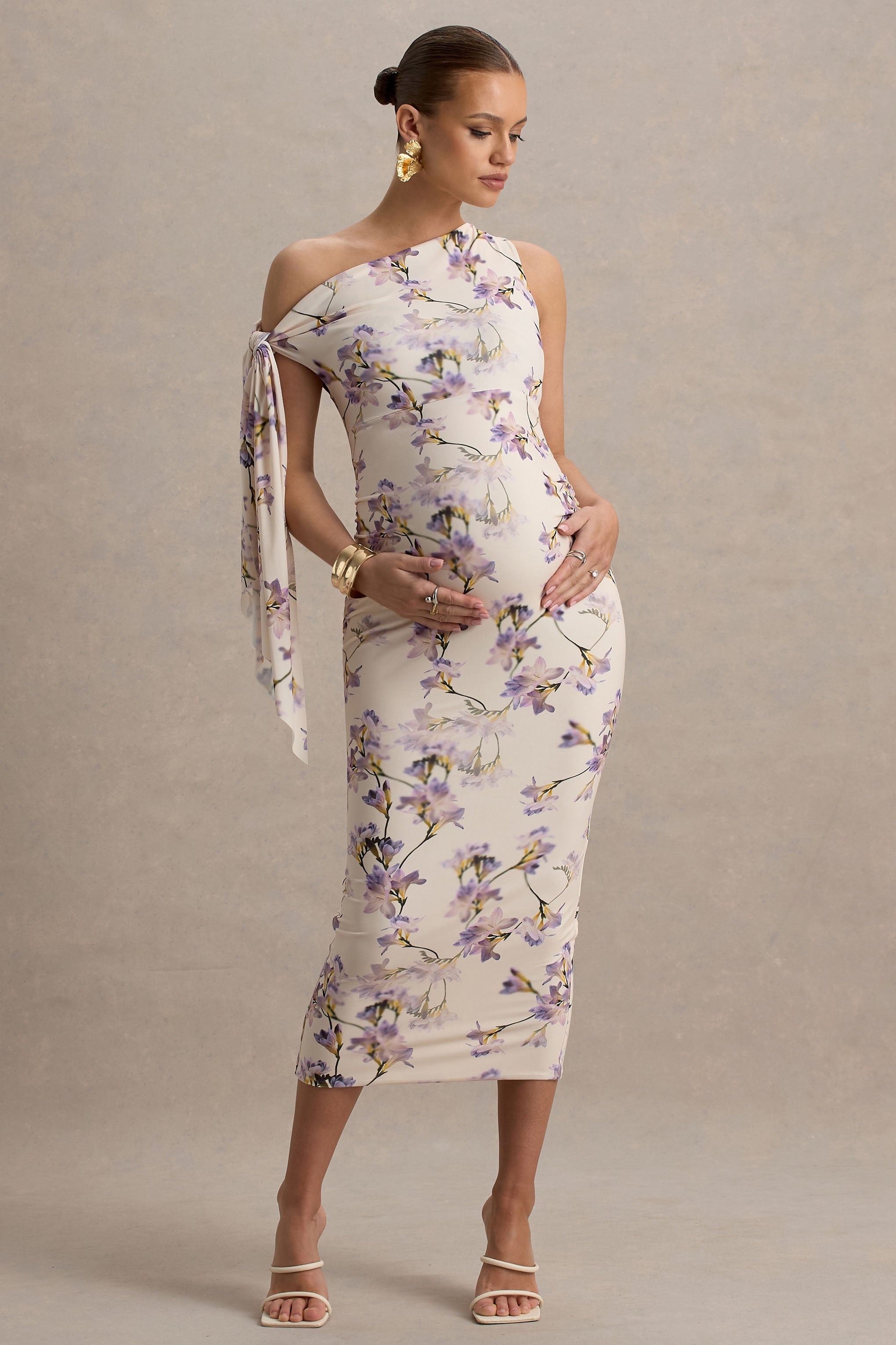 Katarine | Peach Floral Print Asymmetric Knot Maternity Midi Dress