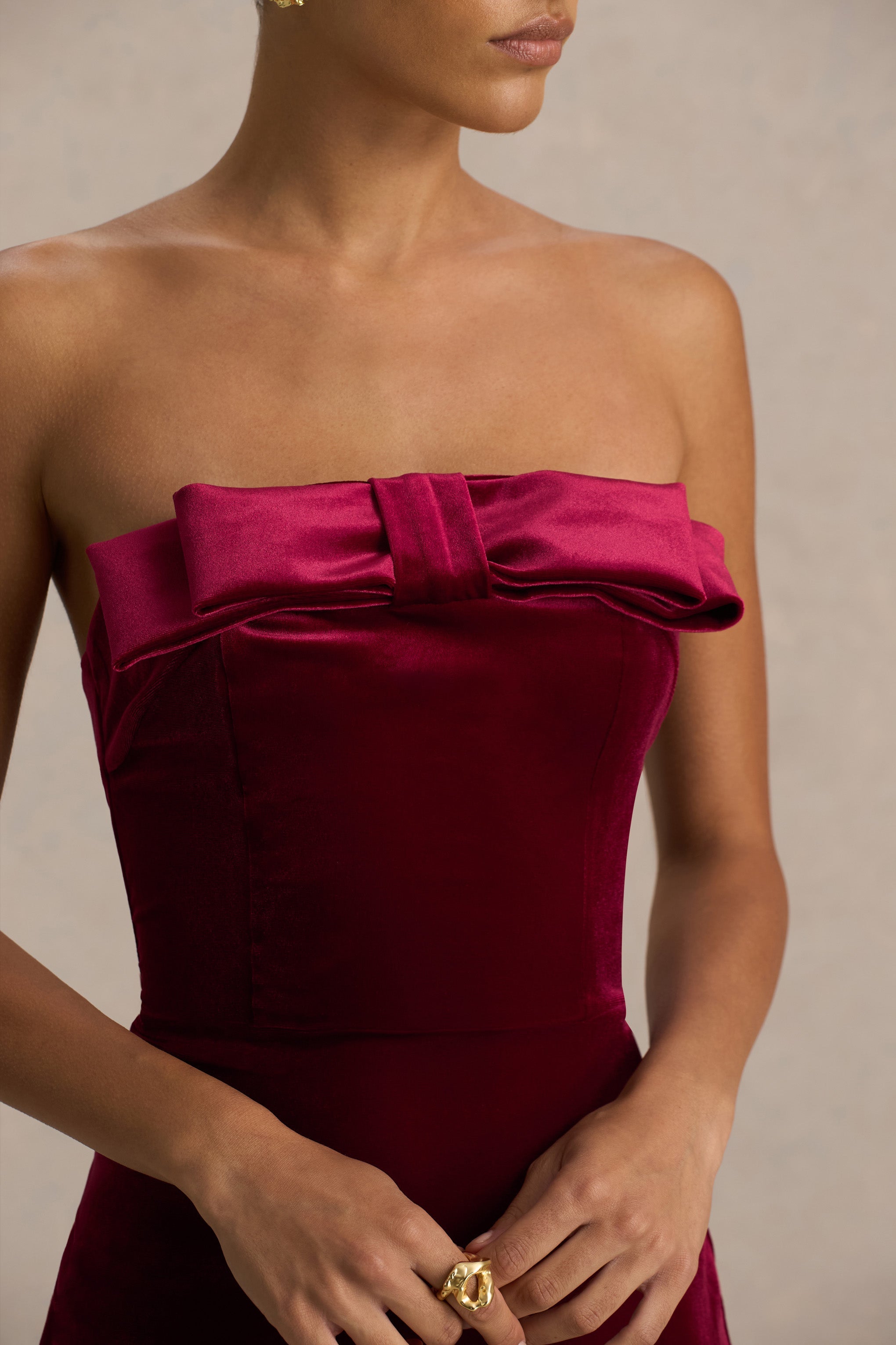 Illusion | Burgundy Velvet Bandeau Maxi Dress With Bow Detail