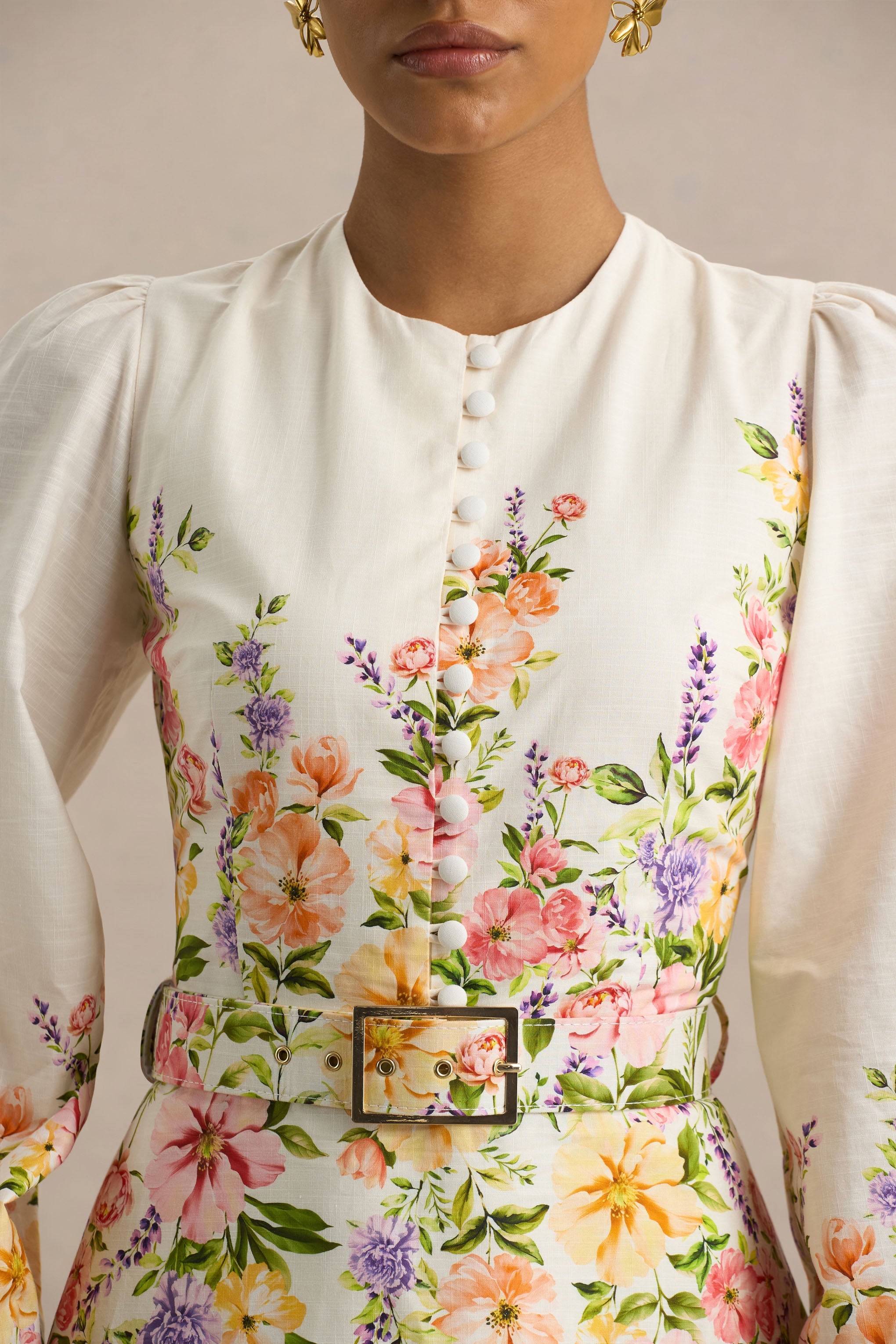 Dahlia | White Floral Border Print High-Neck Midi Dress