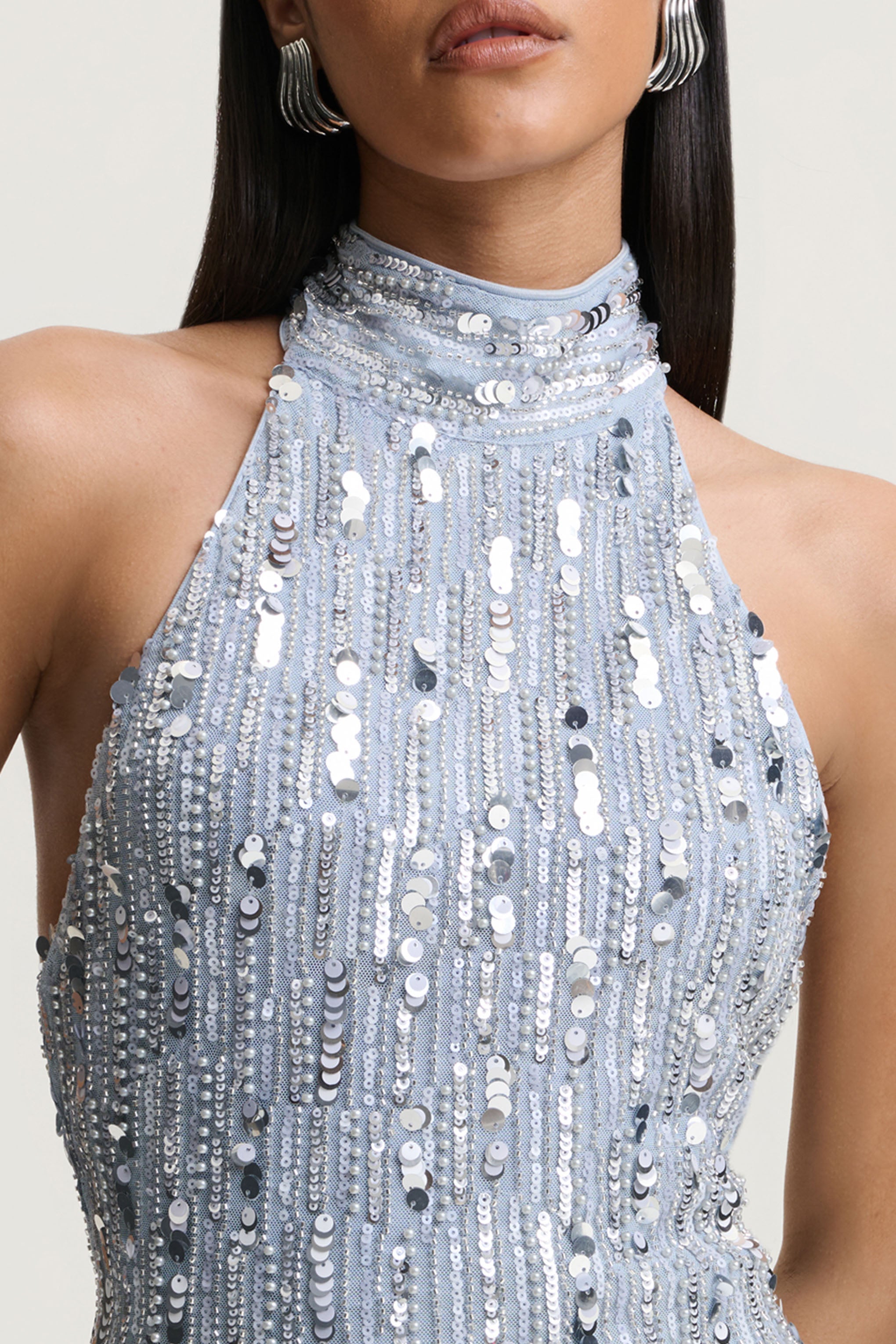 Zaira | Silver Sequin High-Neck Maxi Dress With Open-Back