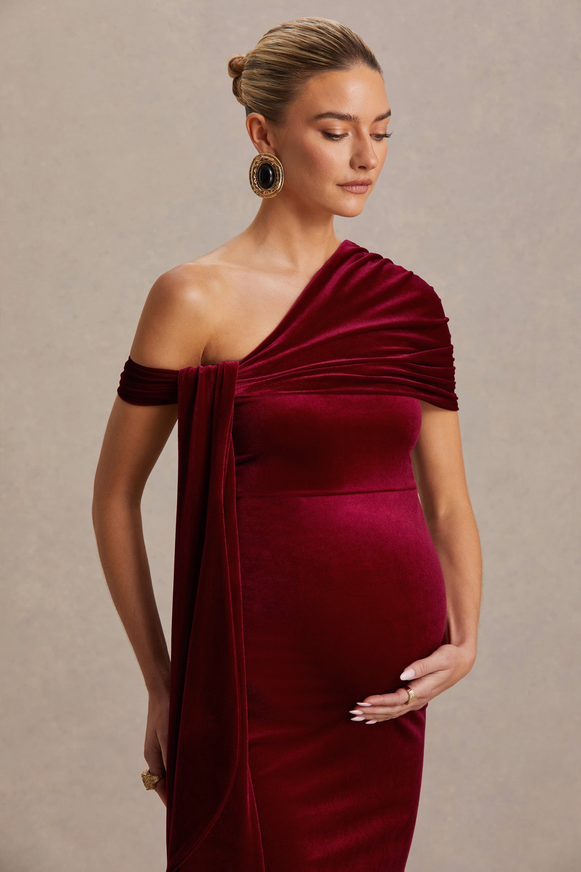 Zena | Burgundy Velvet Asymmetric-Neck Maternity Midi Dress With Knot And Sash Detail