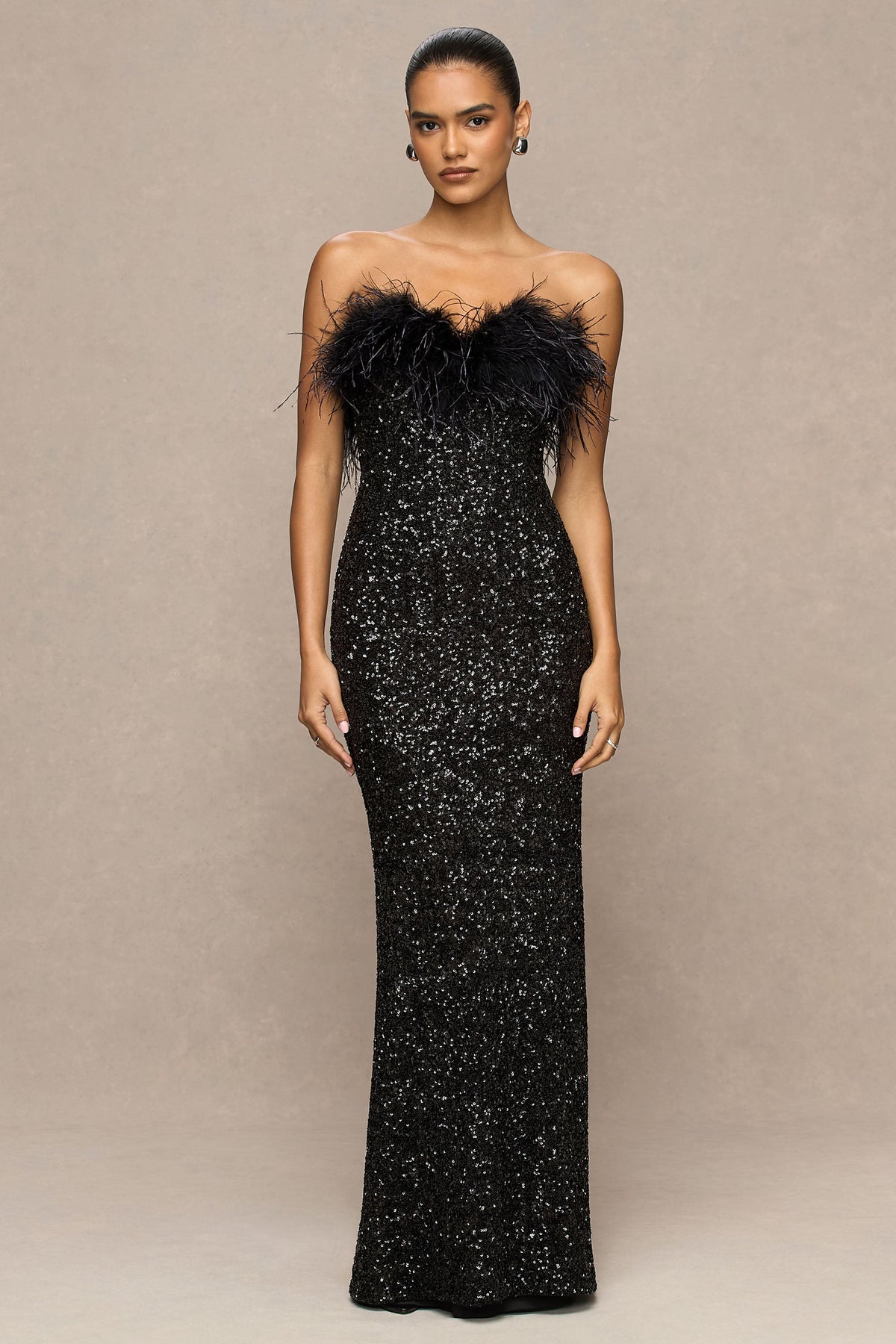 Daze | Black Sequin Bandeau Maxi Dress With Feather-Trim