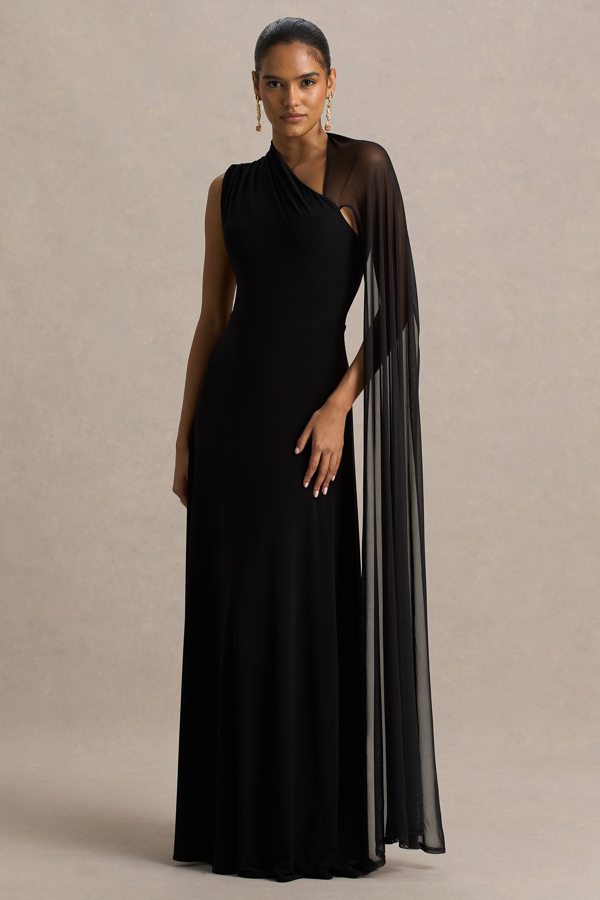 Selena | Black High-Neck Maxi Dress With Cut-Out And Cape Sleeve Detail