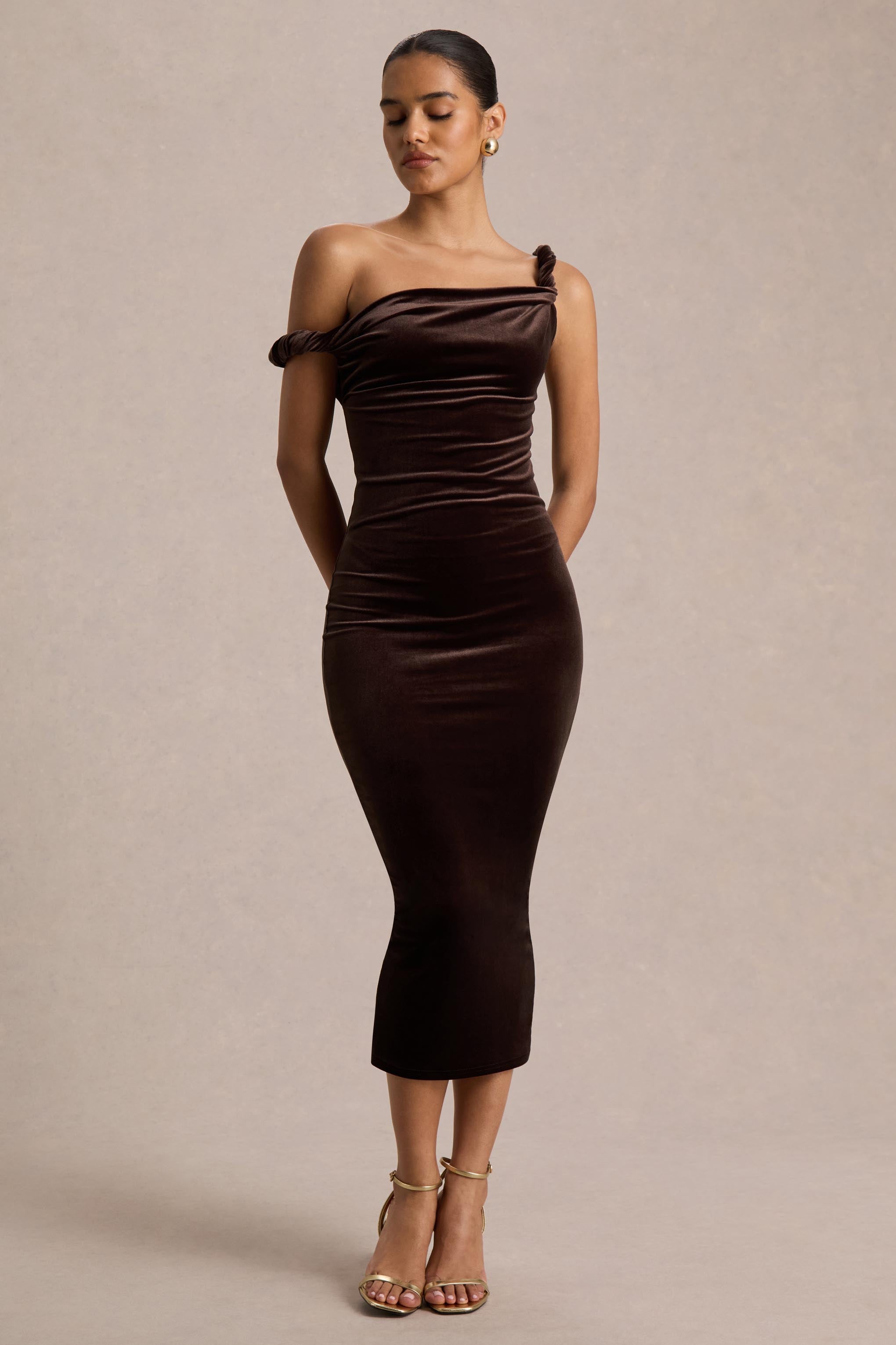 Carella | Brown Velvet Twisted Asymmetric Midi Dress