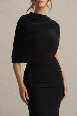 Glitz | Black High-Neck Maxi Dress With Cape Sleeve and Ruched Detail