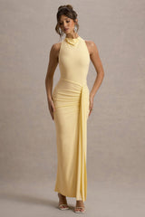 Sunflower | Pale Lemon Ruched High-Neck Split Maxi Dress
