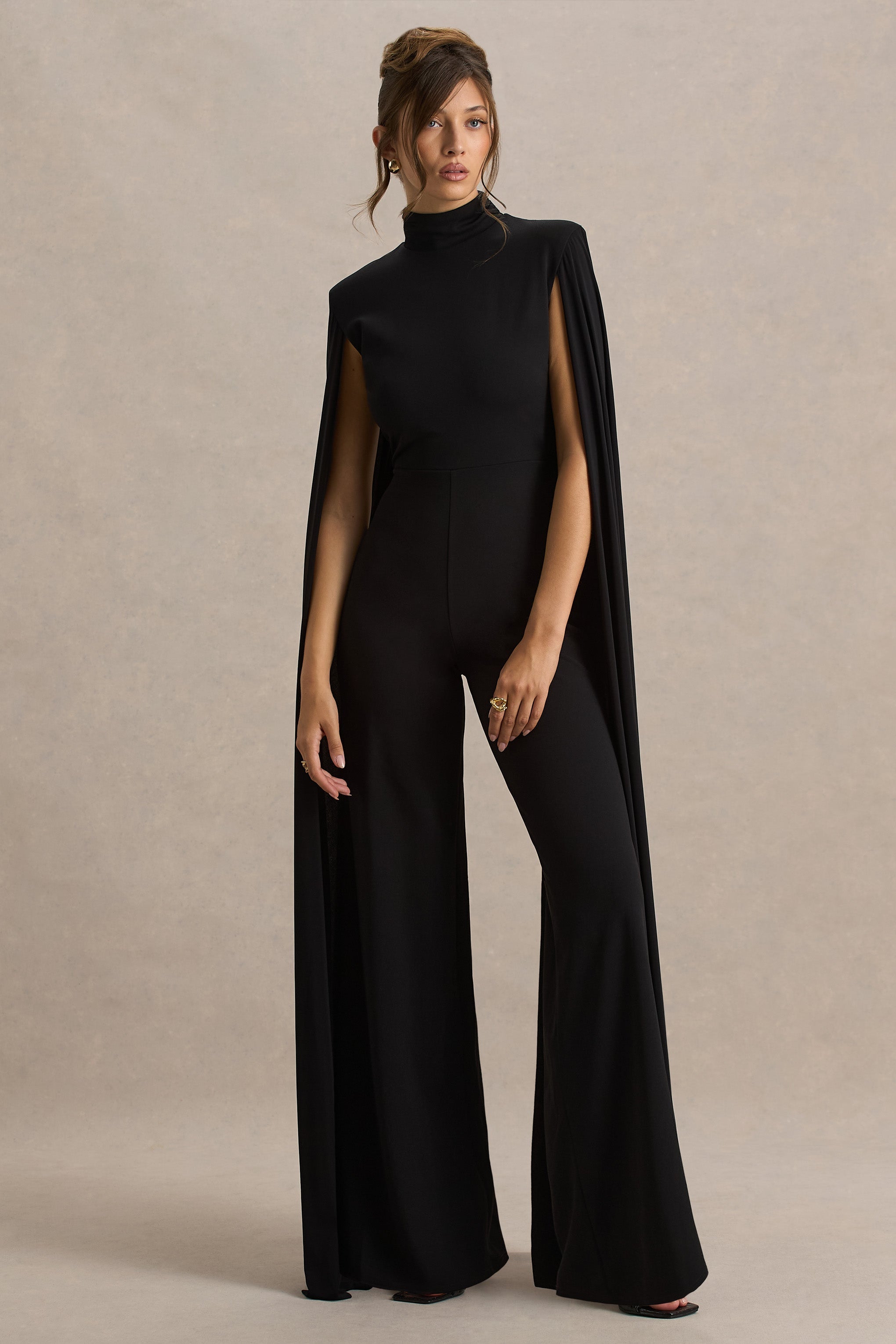 Dulcet | Black High-Neck Jumpsuit With Cape Sleeves
