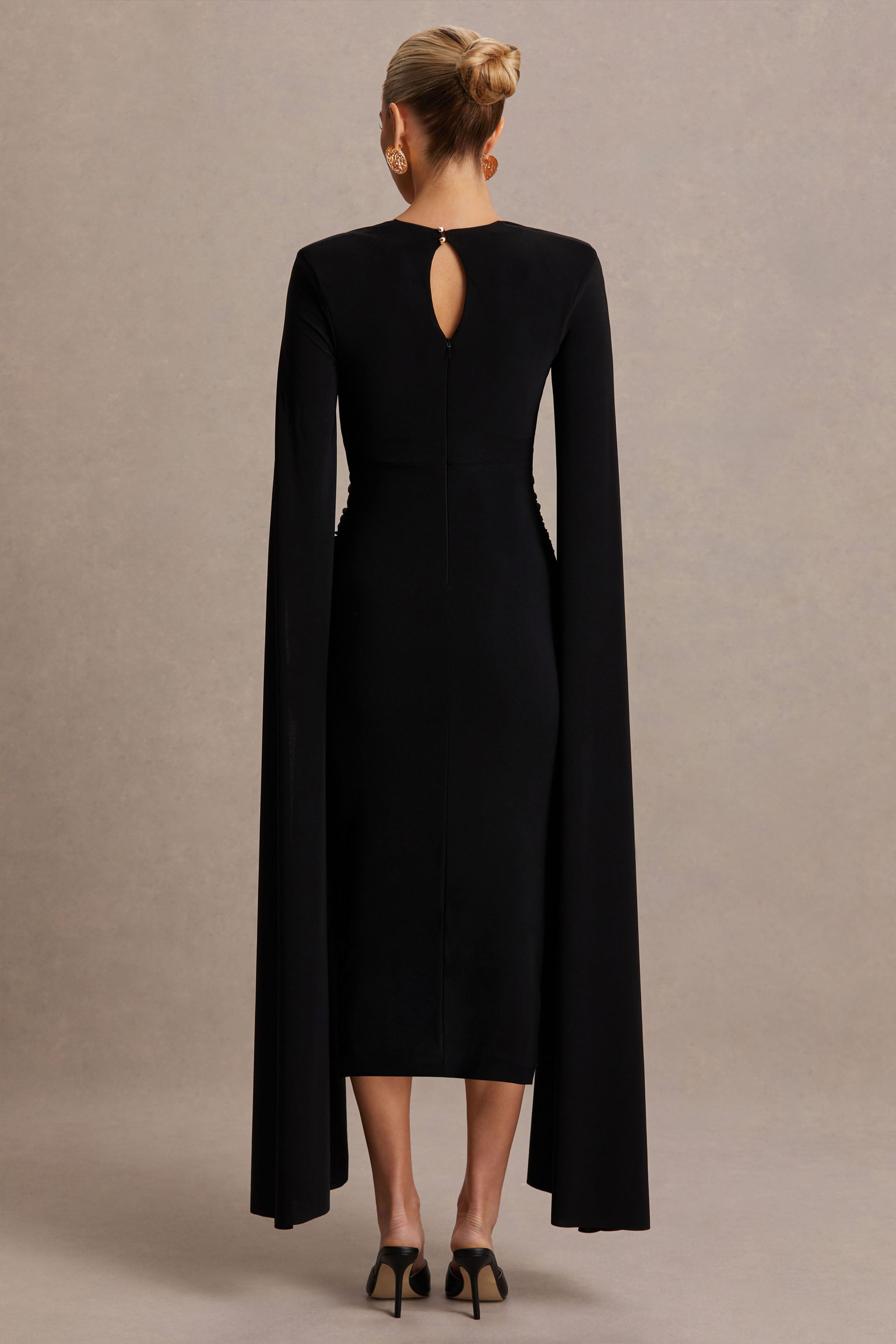 Flawless | Black Square-Neck Maternity Midi Dress With Cape-Sleeves