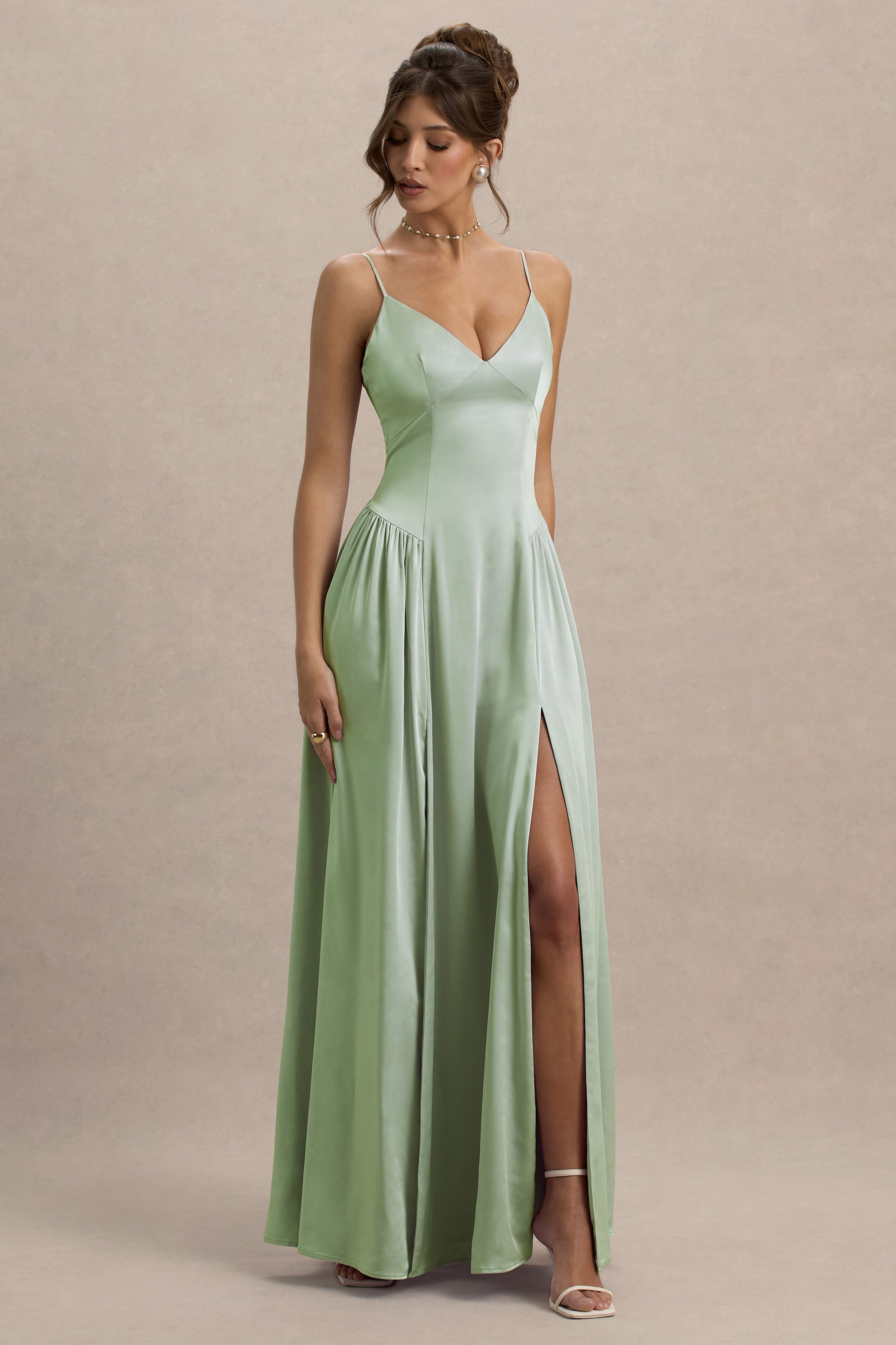 Jonas | Light Green Plunge-Neck Maxi Dress With Cami Straps