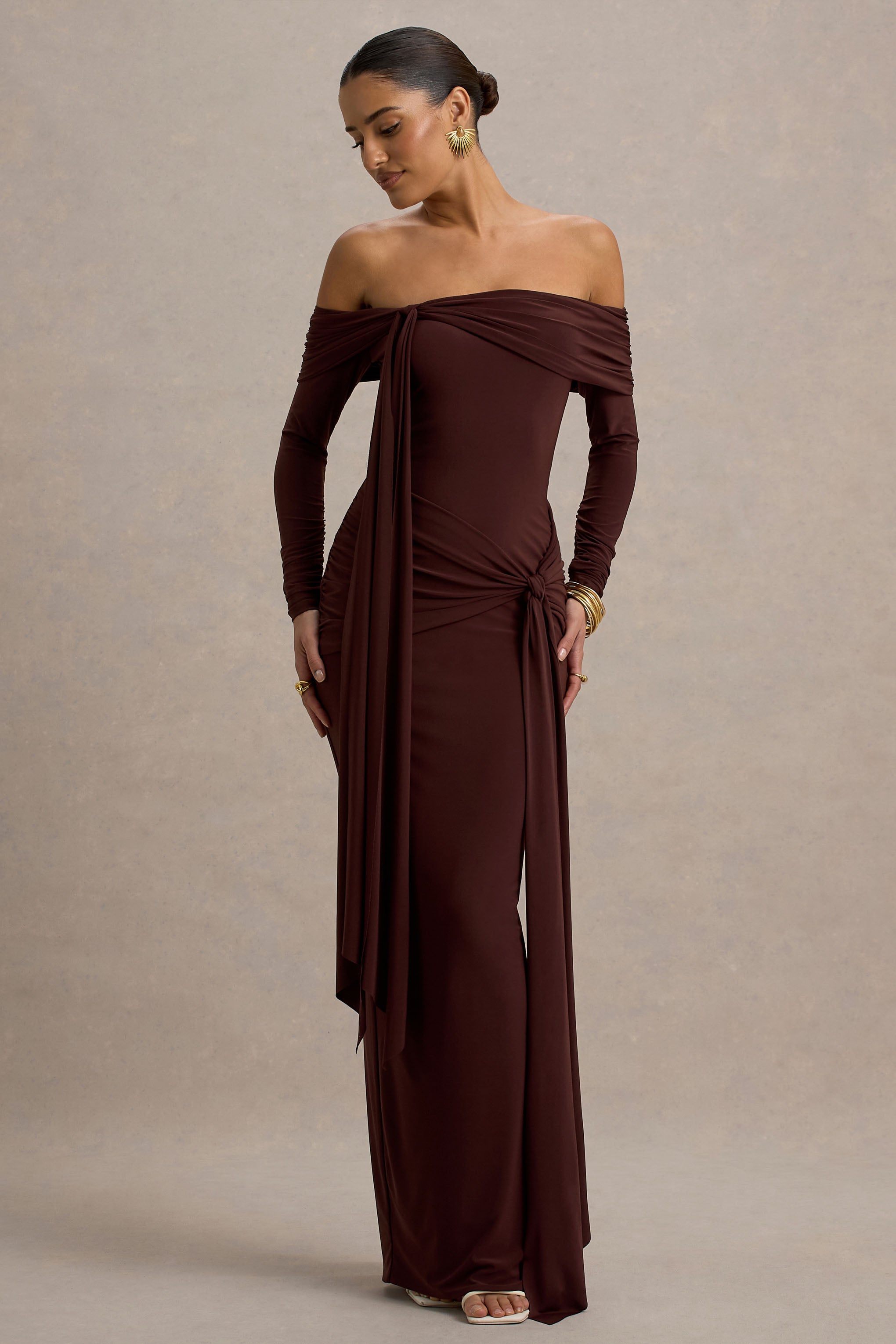 Jovie | Brown Bardot Wrap Maxi Dress With Sash Detail