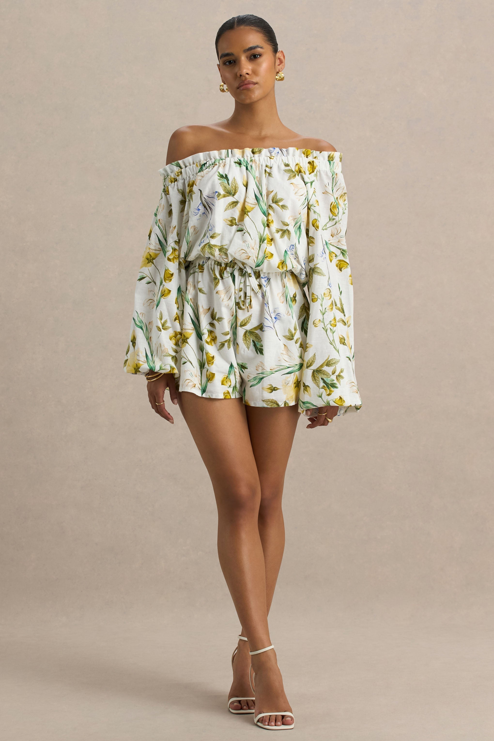 Waterfall | White Botanical Print Linen Asymmetric Long-Sleeve Playsuit