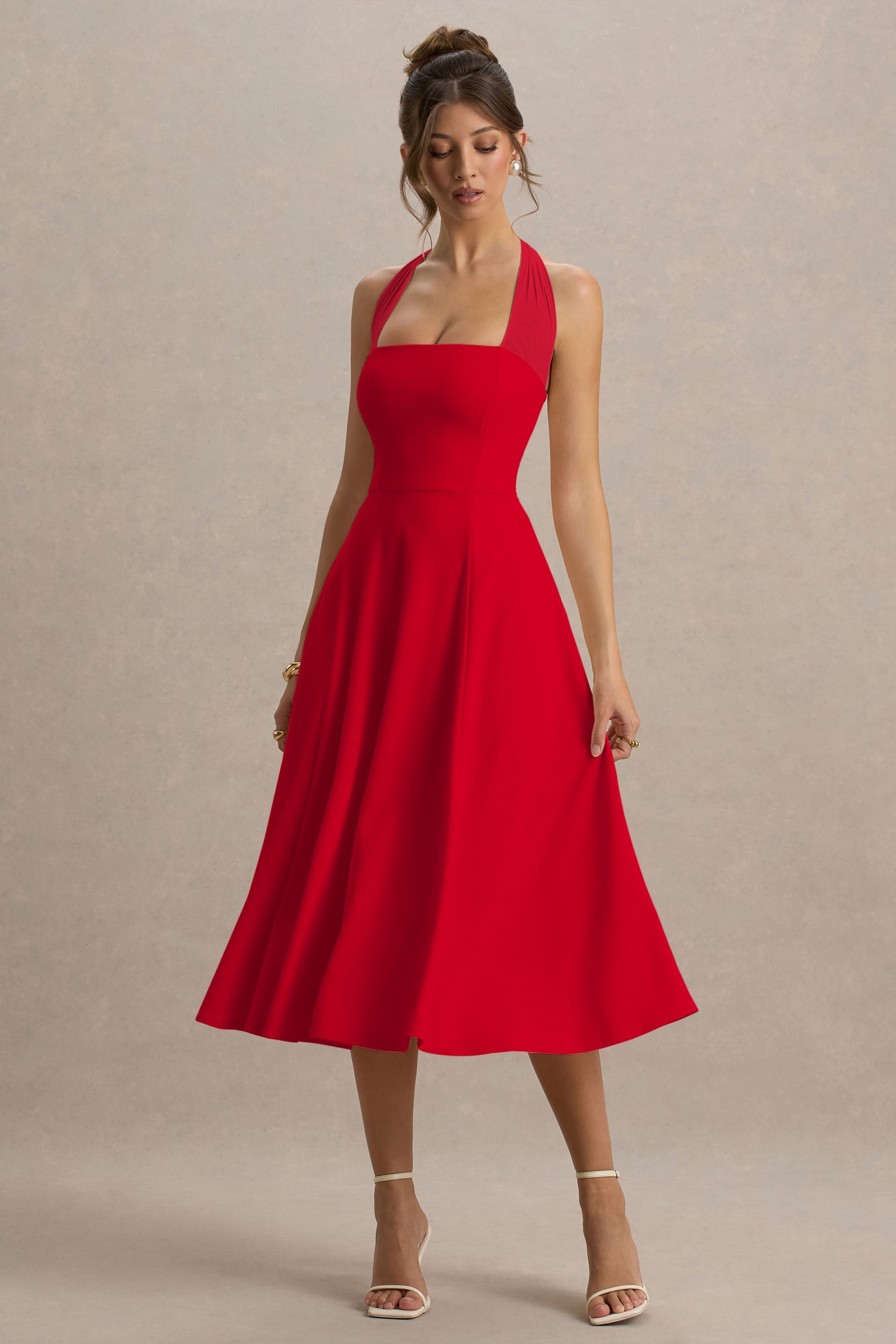 Auburn | Red Halter Skater Midi Dress