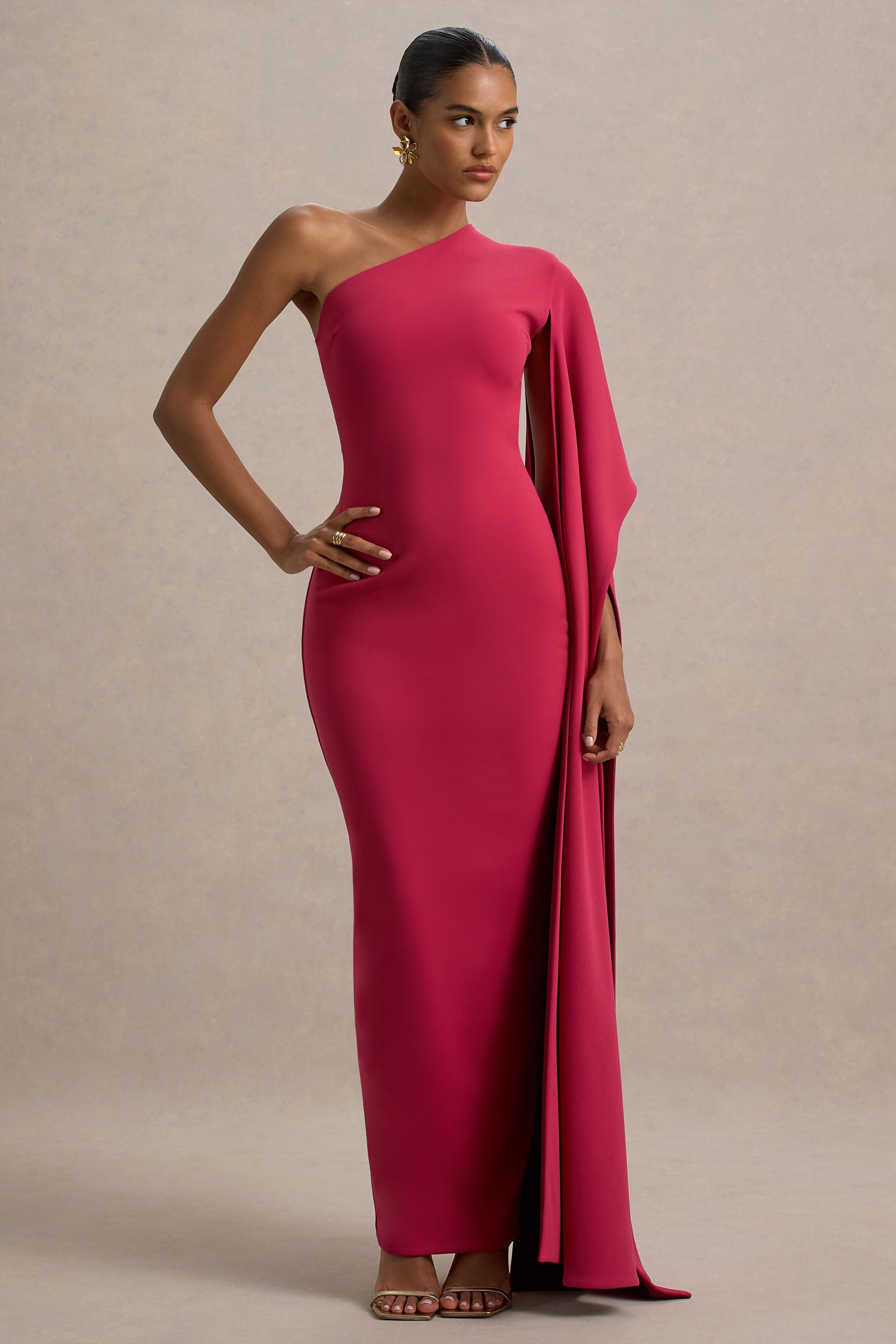 Lily | Hot Pink & Burgundy Asymmetric Maxi Dress With Cape Sleeve