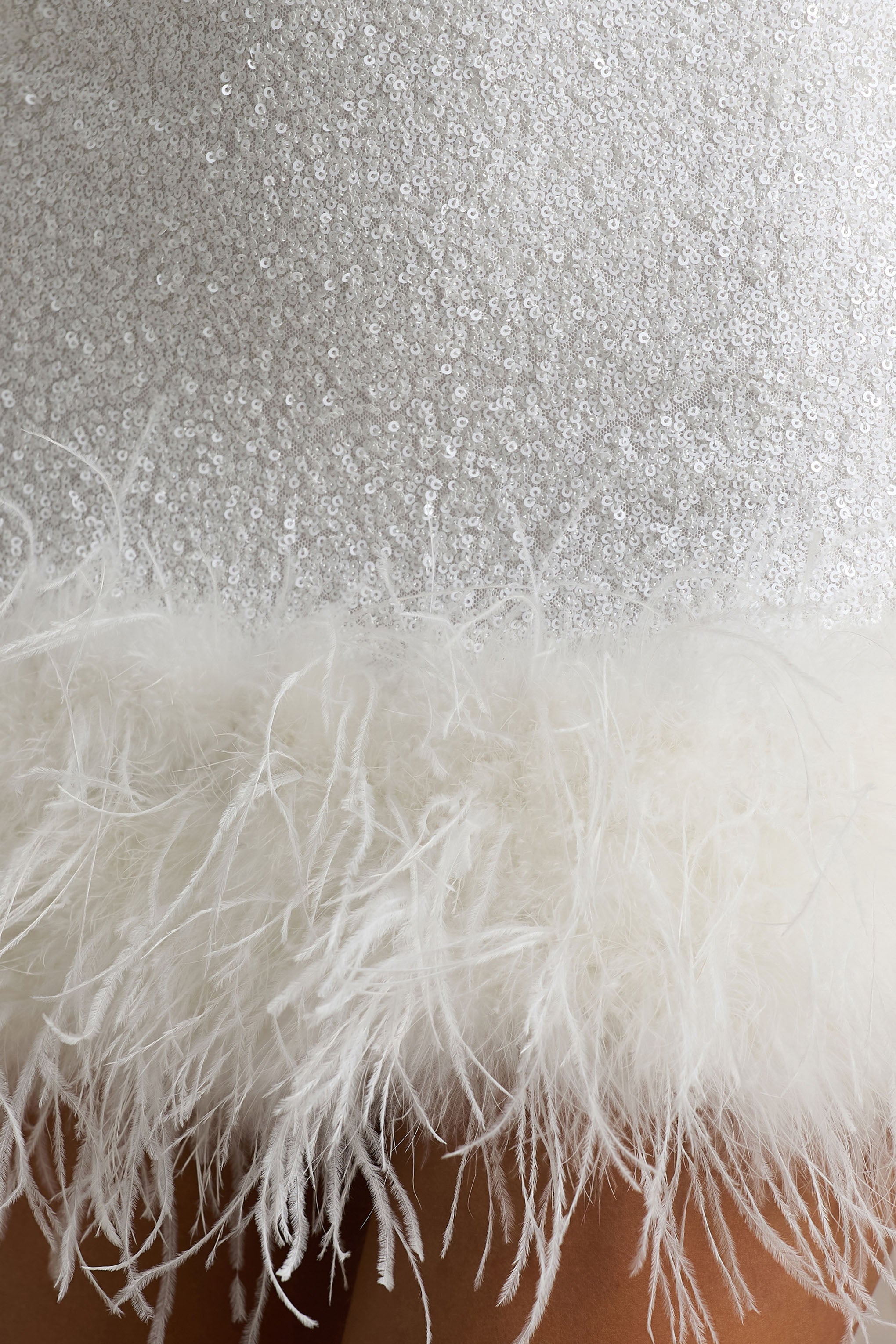 Rosalinda | White Sequin Square-Neck Mini Dress With Feather Trim