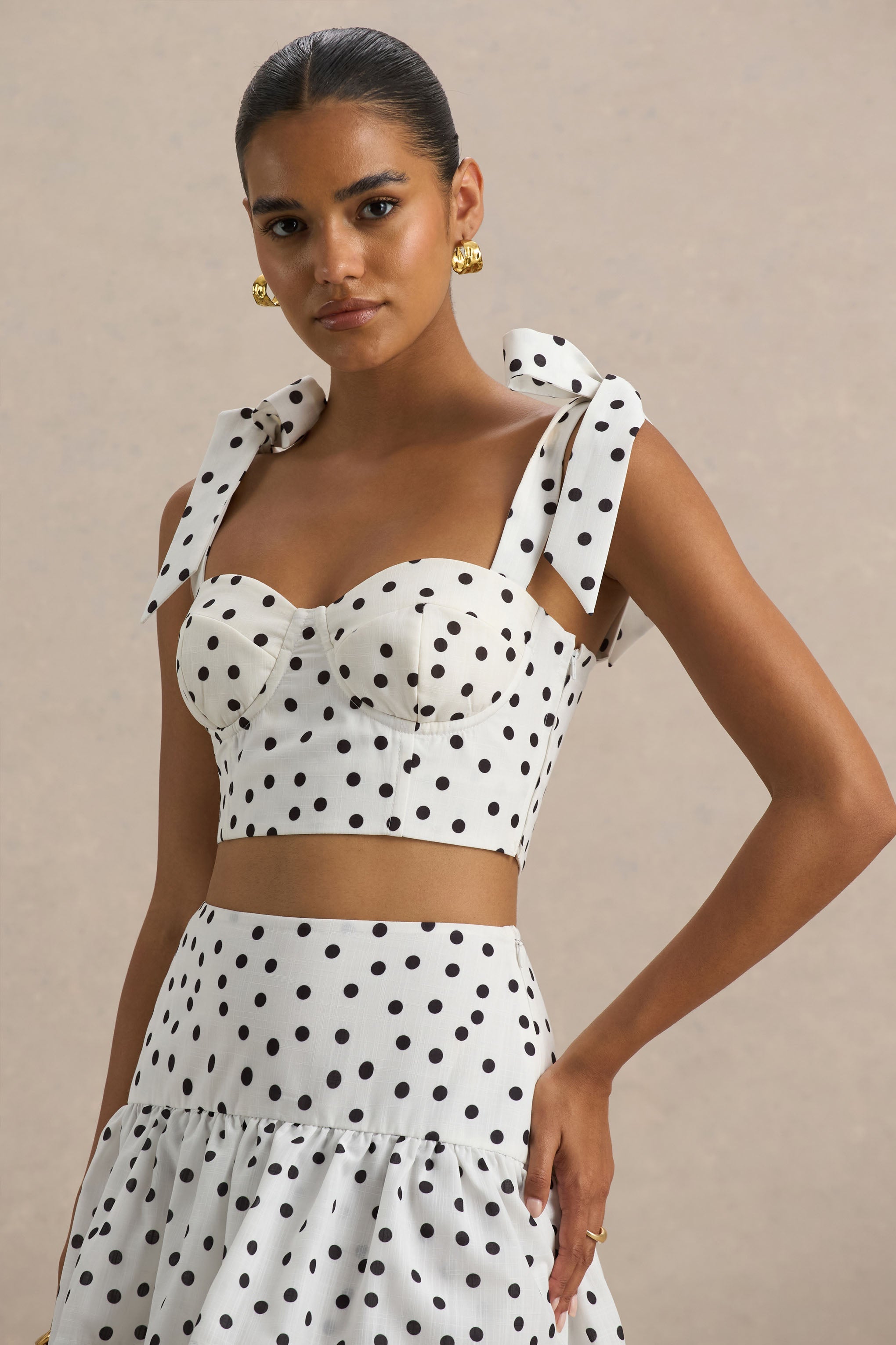 Lumen | White Polka Dot Corset Sweetheart Top With Bow Straps