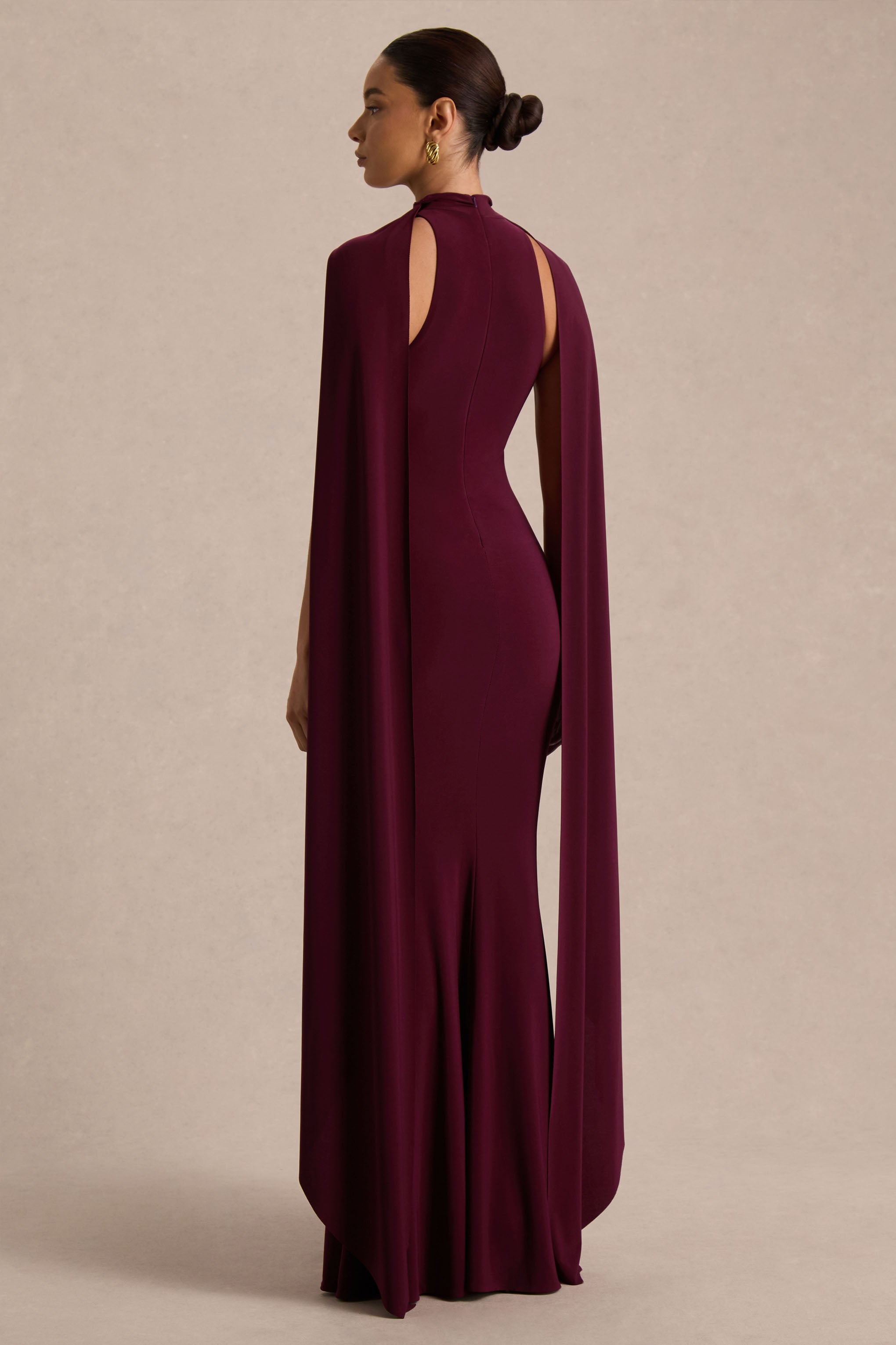 Cordy | Burgundy High-Neck Maxi Dress With Scarf-Detail