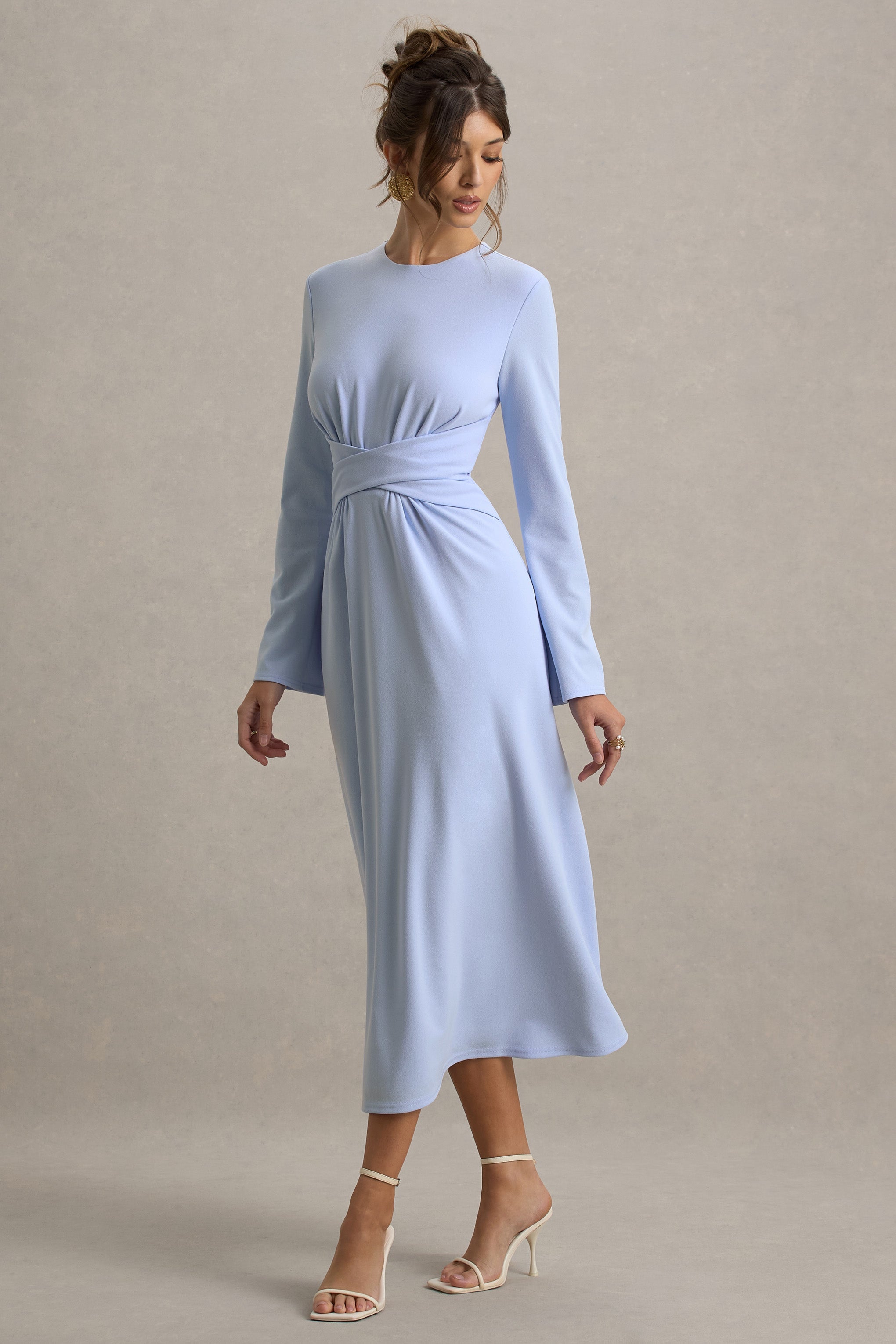 Cassiopeia | Light Blue Long-Sleeve Midi Dress With Cross Waist