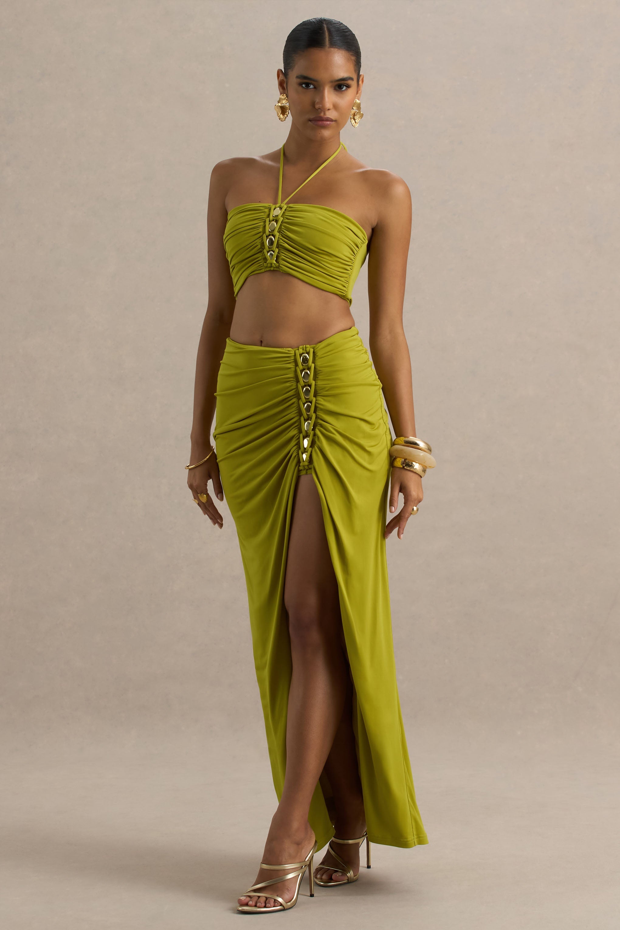 Coastline | Green Ruched Maxi Skirt With Split