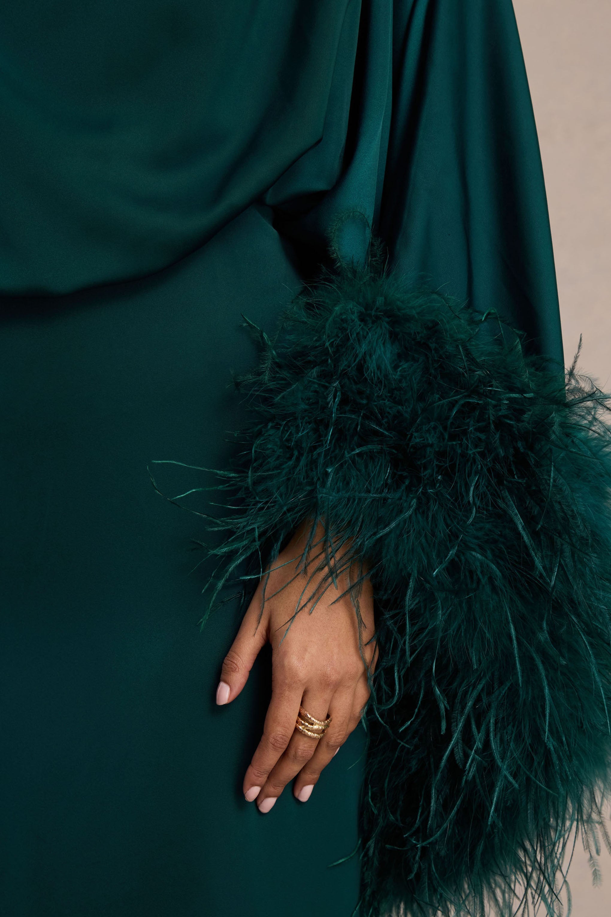 Felicity | Teal Satin Asymmetric-Neck Maxi Dress With Feather Detailing