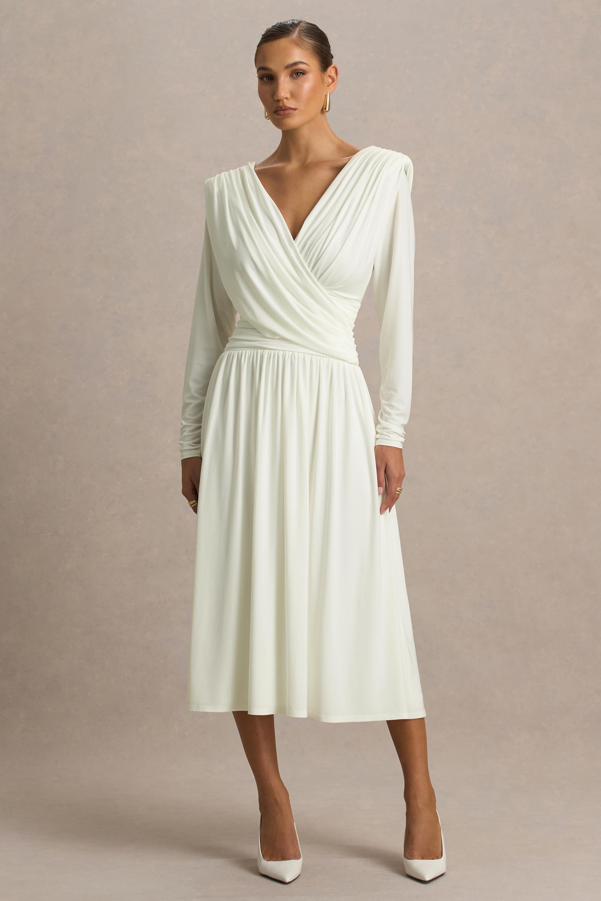 Alexis | Cream Plunge-Neck Midi Dress With Draped And Ruched Detailing