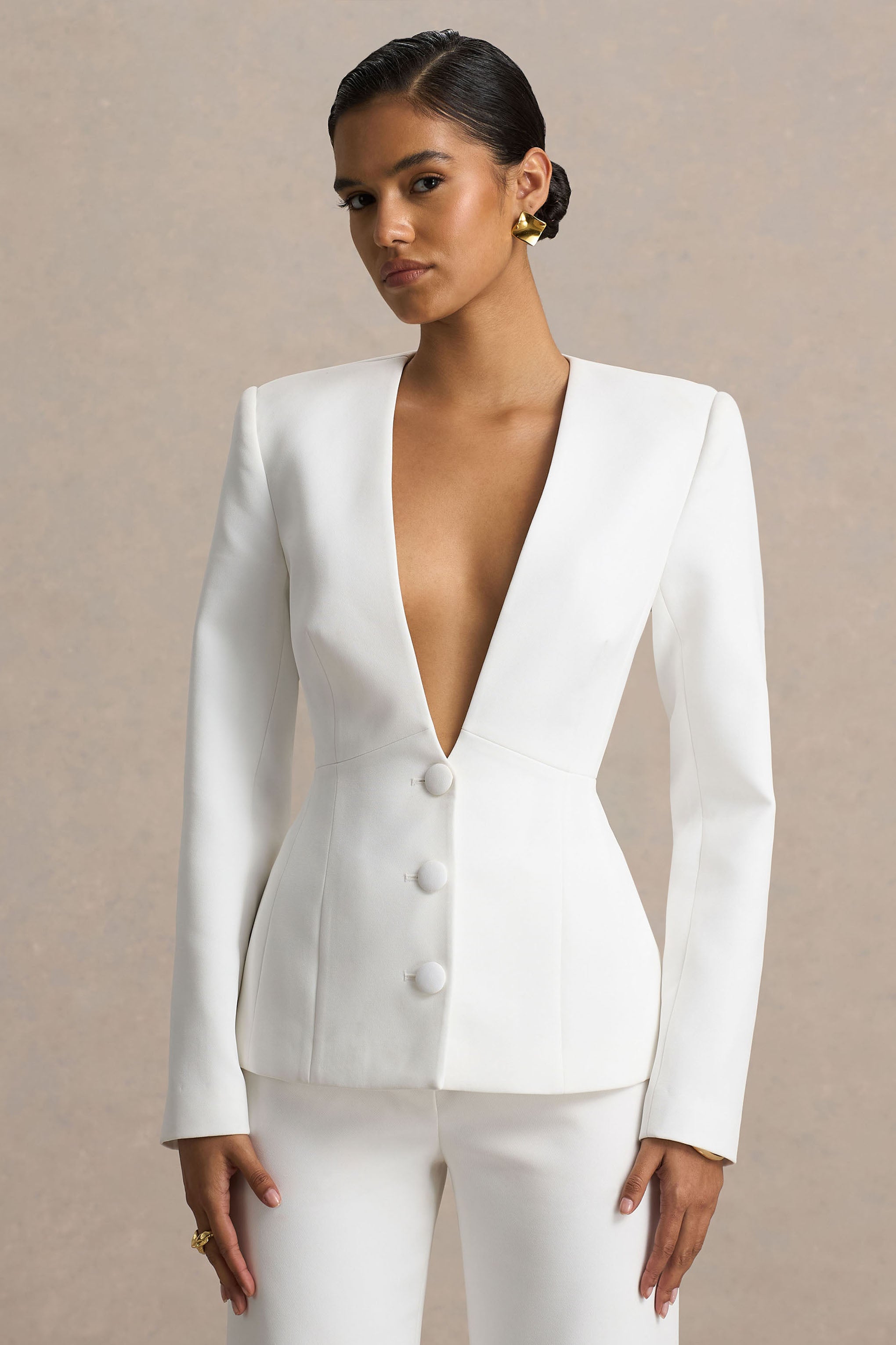 Rosalina | White Extreme-Plunge Neck Tailored Blazer