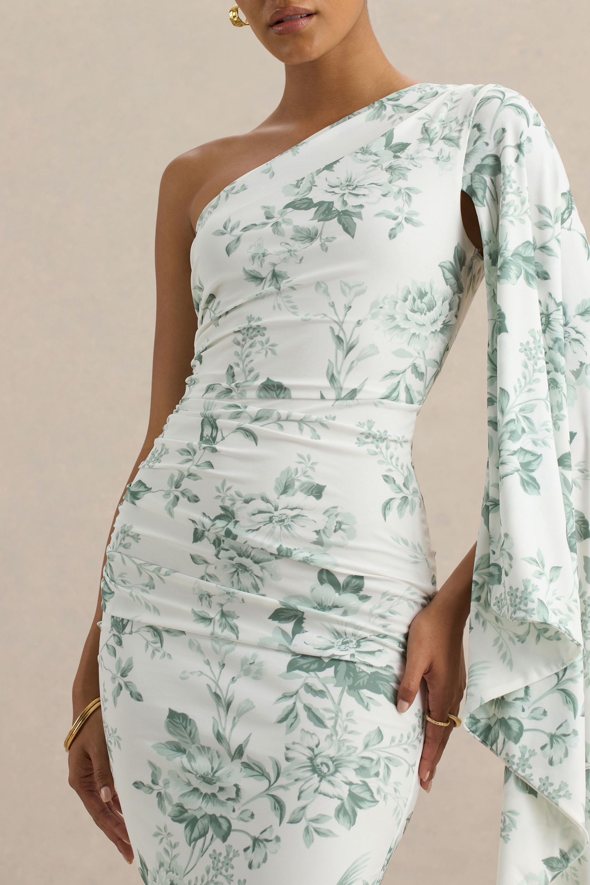 Clementina | Green Porcelain Print Asymmetric Cape Sleeve Maxi Dress