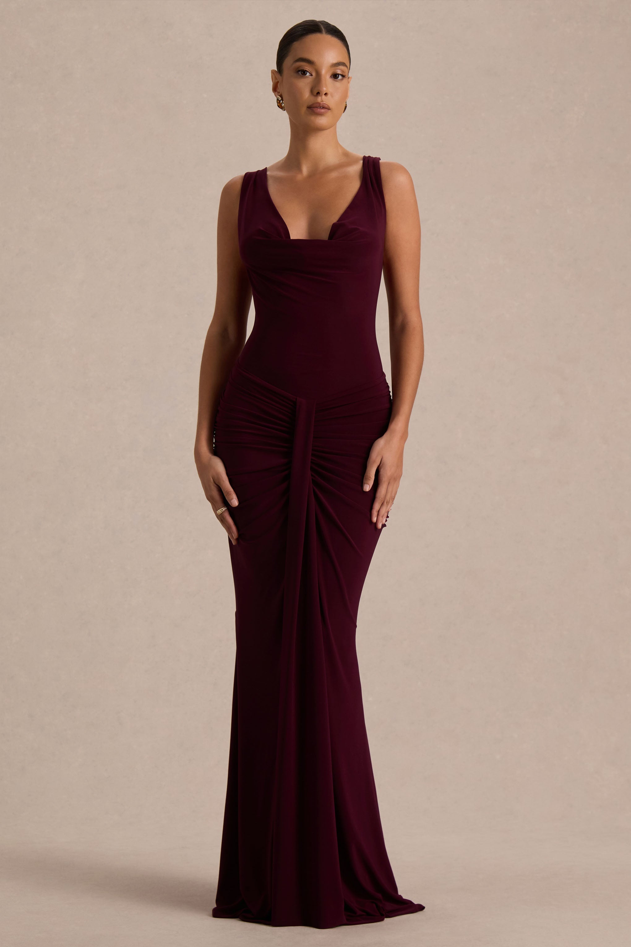 Mallie | Burgundy Cowl-Neck Maxi Dress With Open-Back And Gathered-Detailing