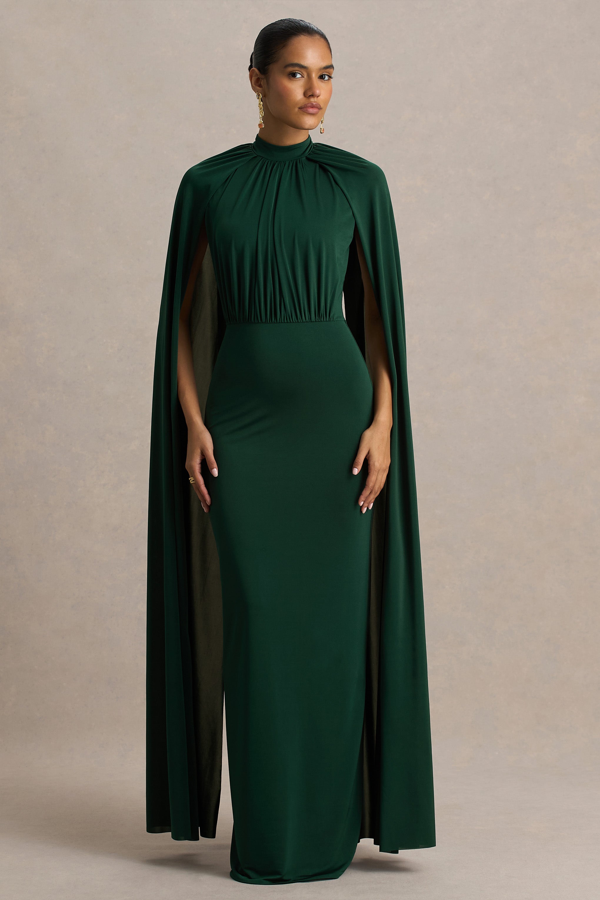 Darielle | Bottle Green High-Neck Cape-Sleeve Maxi Dress