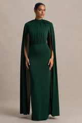 Darielle | Bottle Green High-Neck Cape-Sleeve Maxi Dress